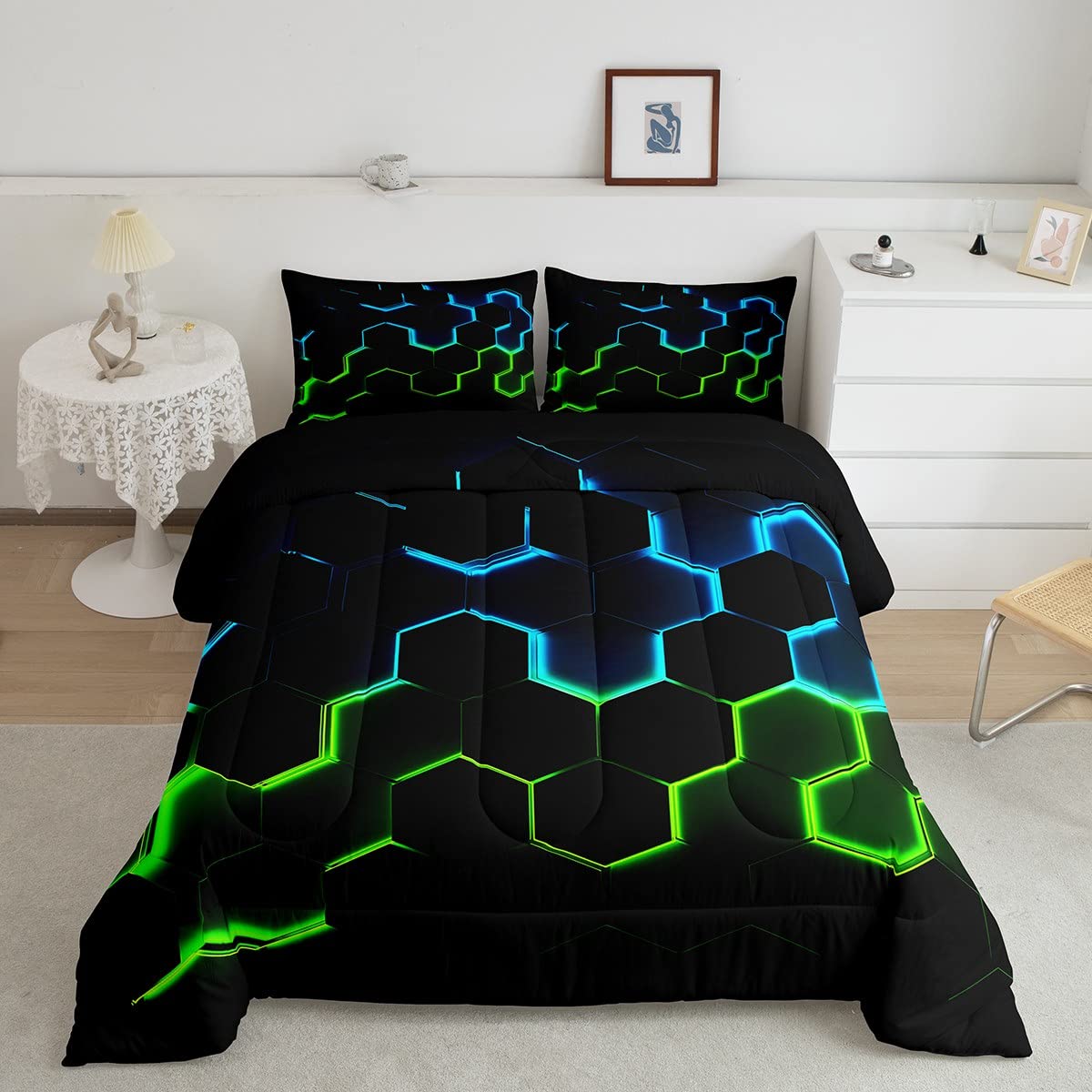 Castle Fairy Honeycomb Bedding Comforter Set Full Size,Geometry Hexagon Theme With Green Blue Neon Lights Quilt Set,Boys Teen Ma