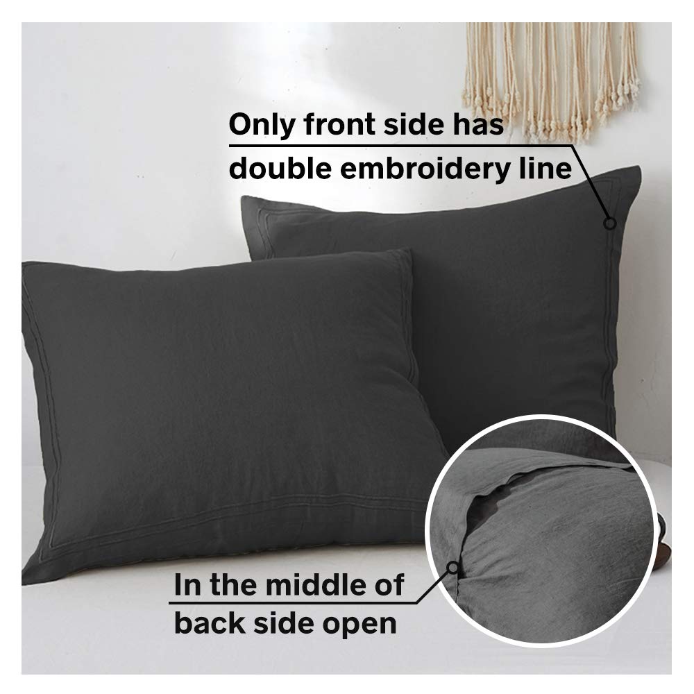 Simple&Opulence 100% French Linen Euro Shams With Embroidery (26'' X 26'') - Pack Of 2 - Pre Washed Solid Color Natural Flax Soft Breathable - Dark Grey