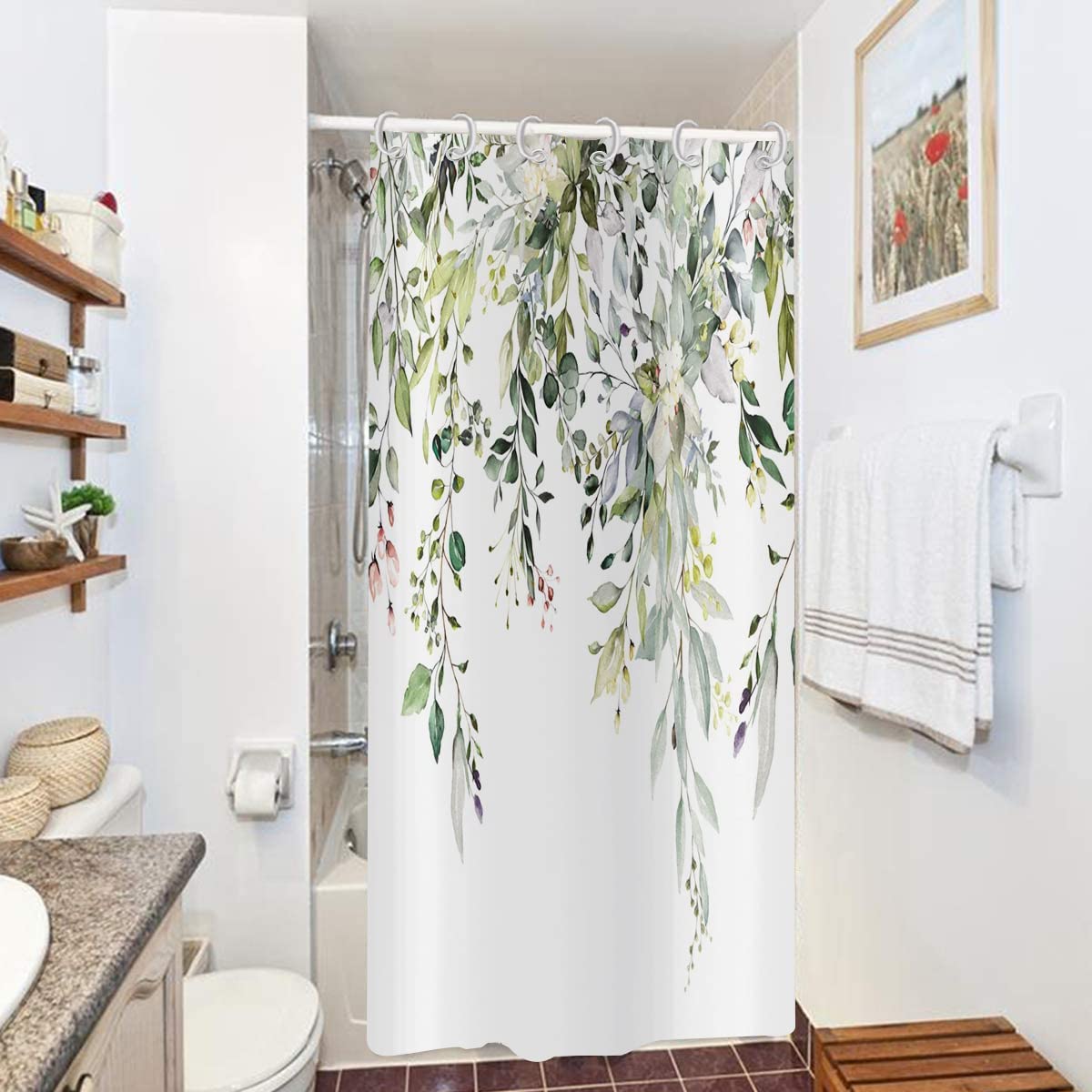 Gcirec Eucalyptus Shower Curtain, Watercolor Green Leaves On The Top Plant With Floral Bathroom Curtain Bathtub Home Decor Water