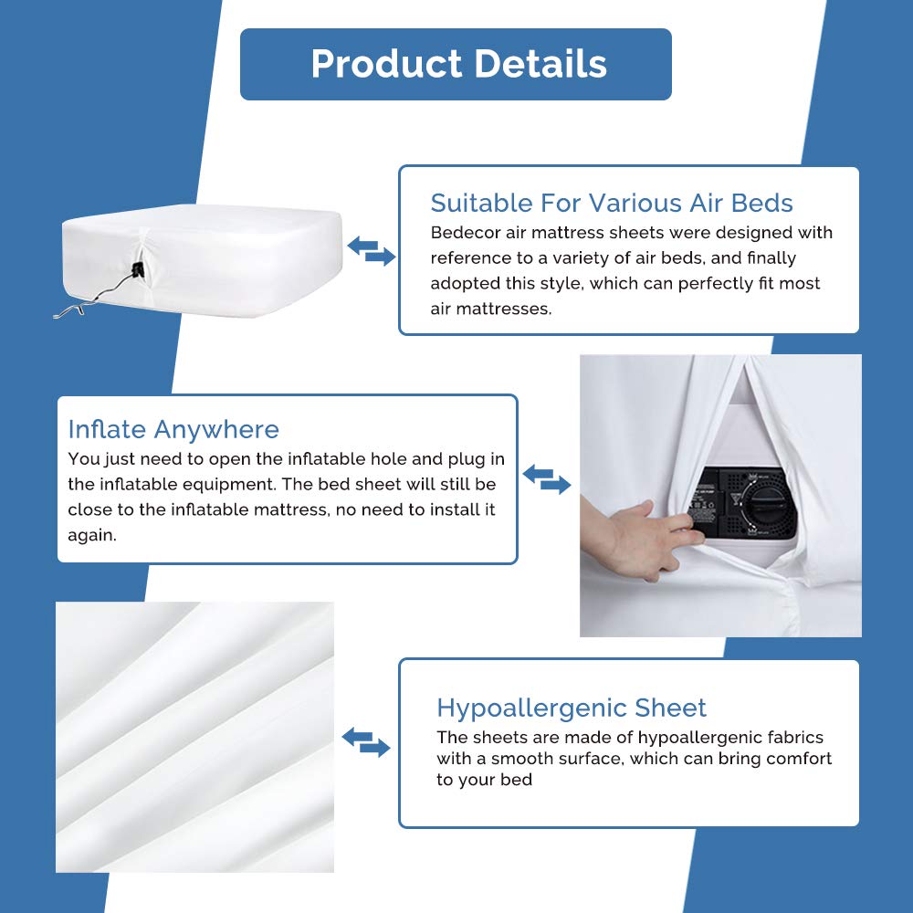 Bedecor Fitted Sheet For Air Mattress Inflate Without Disassembly Convenient & Firm Deep Up To 21'' White -King
