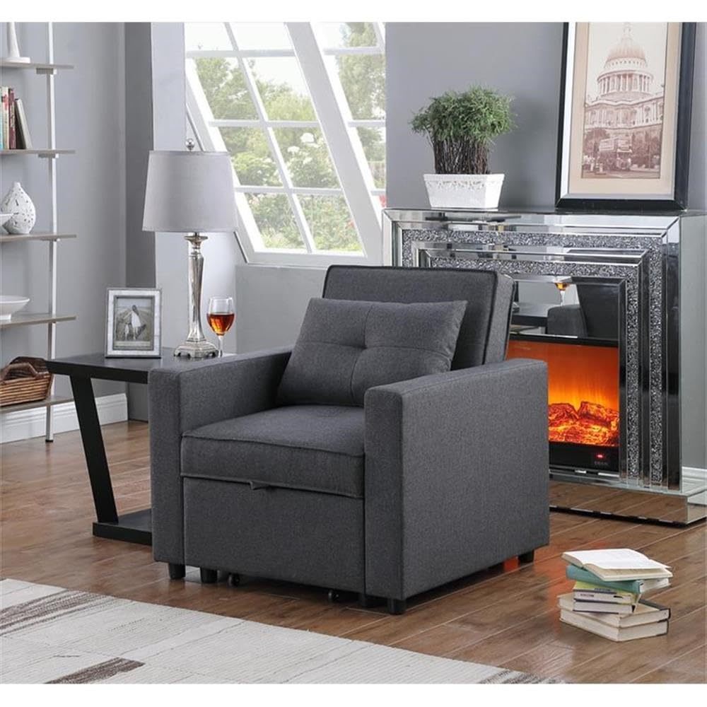Lilola Home Zoey Dark Gray Linen Convertible Sleeper Chair with Side Pocket