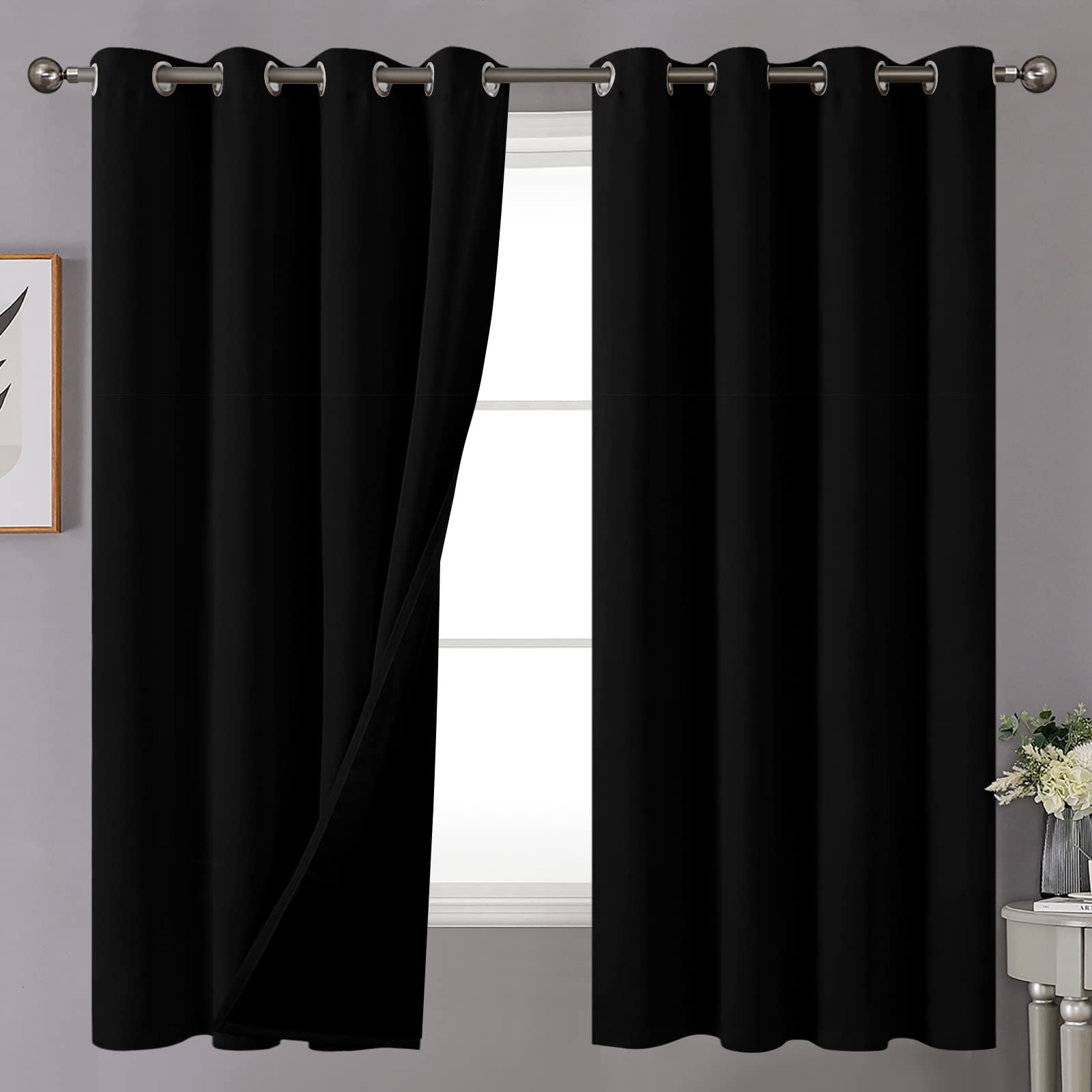 Youngstex Insulated 100% Blackout Curtains For Bedroom With Double Layer, Grommet Black Thermal Window Drapes For Kids Window Fu