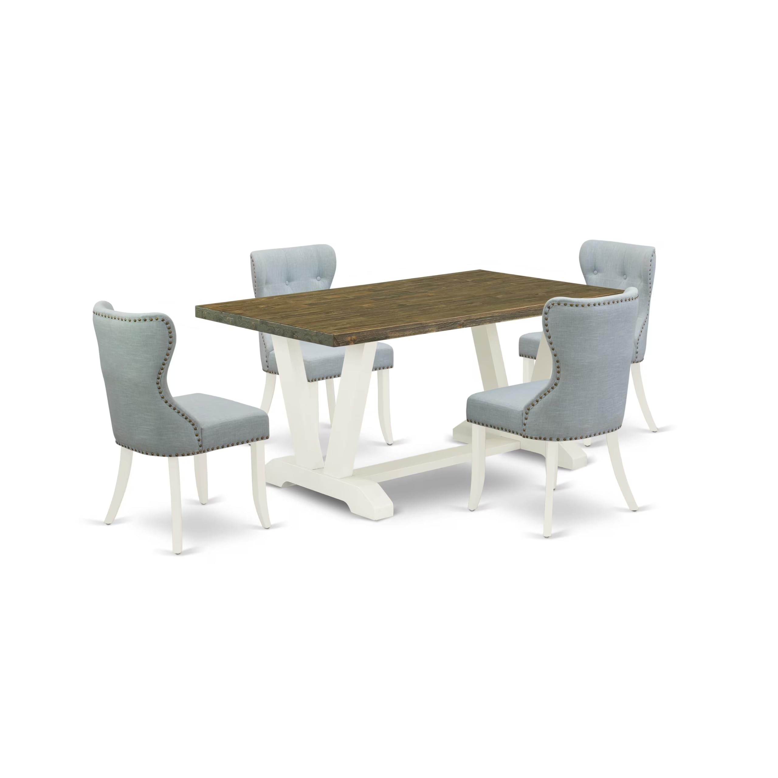 East West Furniture V076Si215-5 5 Piece Dining Room Furniture Set Includes A Rectangle Dining Table With V-Legs And 4 Baby Blue Linen Fabric Upholstered Chairs, 36X60 Inch, Multi-Color