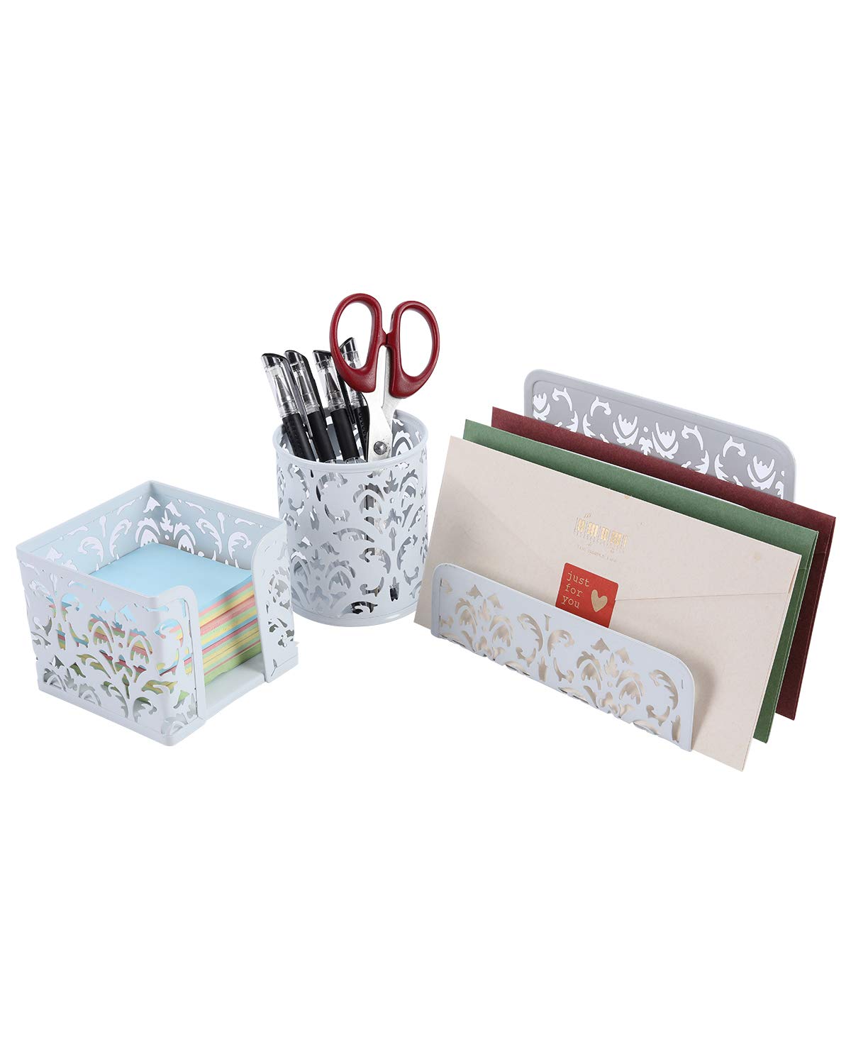 Easypag Cute Office Supplies 3 Piece Desk Organizer And Accessories Set - Letter Sorter, Pen Holder,Sticky Notes Holder,White