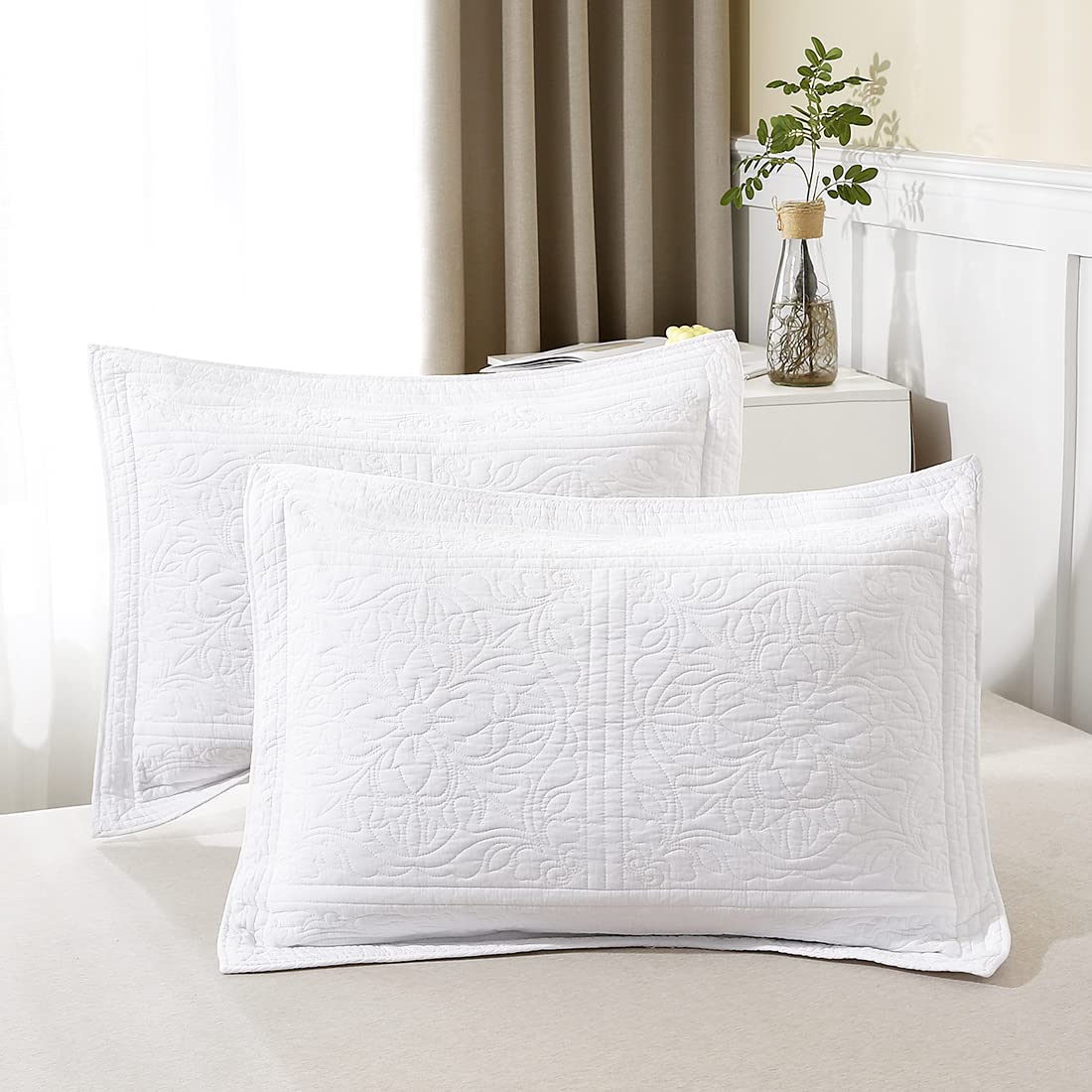 Winlife 100% Cotton Quilted Pillow Sham Floral Printed Pillow Cover White