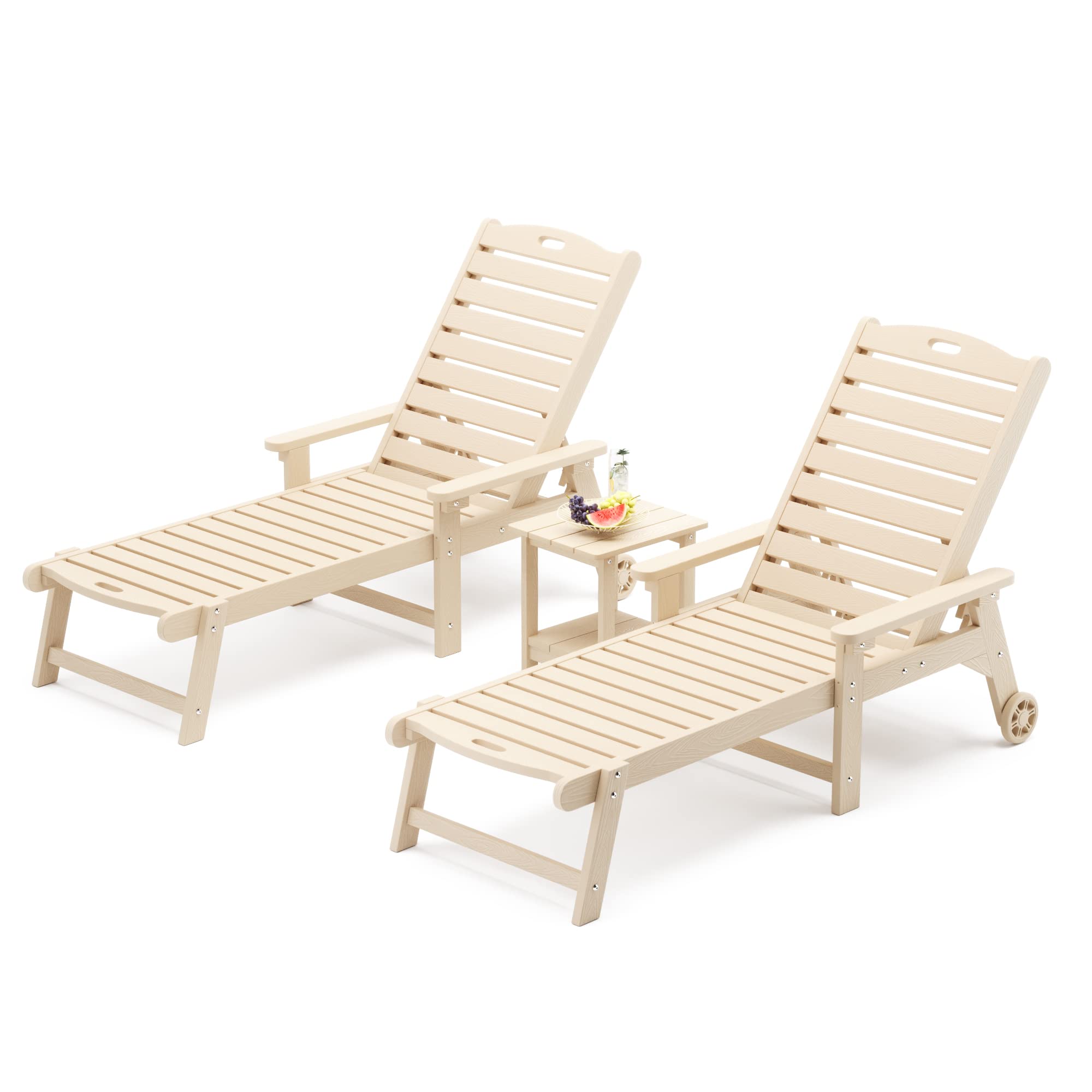 Lue Bona Chaise Lounge Chairs Set With Table, 3-Piece, Hdps Material, 3-Year Warranty, Patio Lounge Chair With Adjustable Backrest, Resin Pool Lounge Chairs With Wheels For Outside, Poolside, Sand