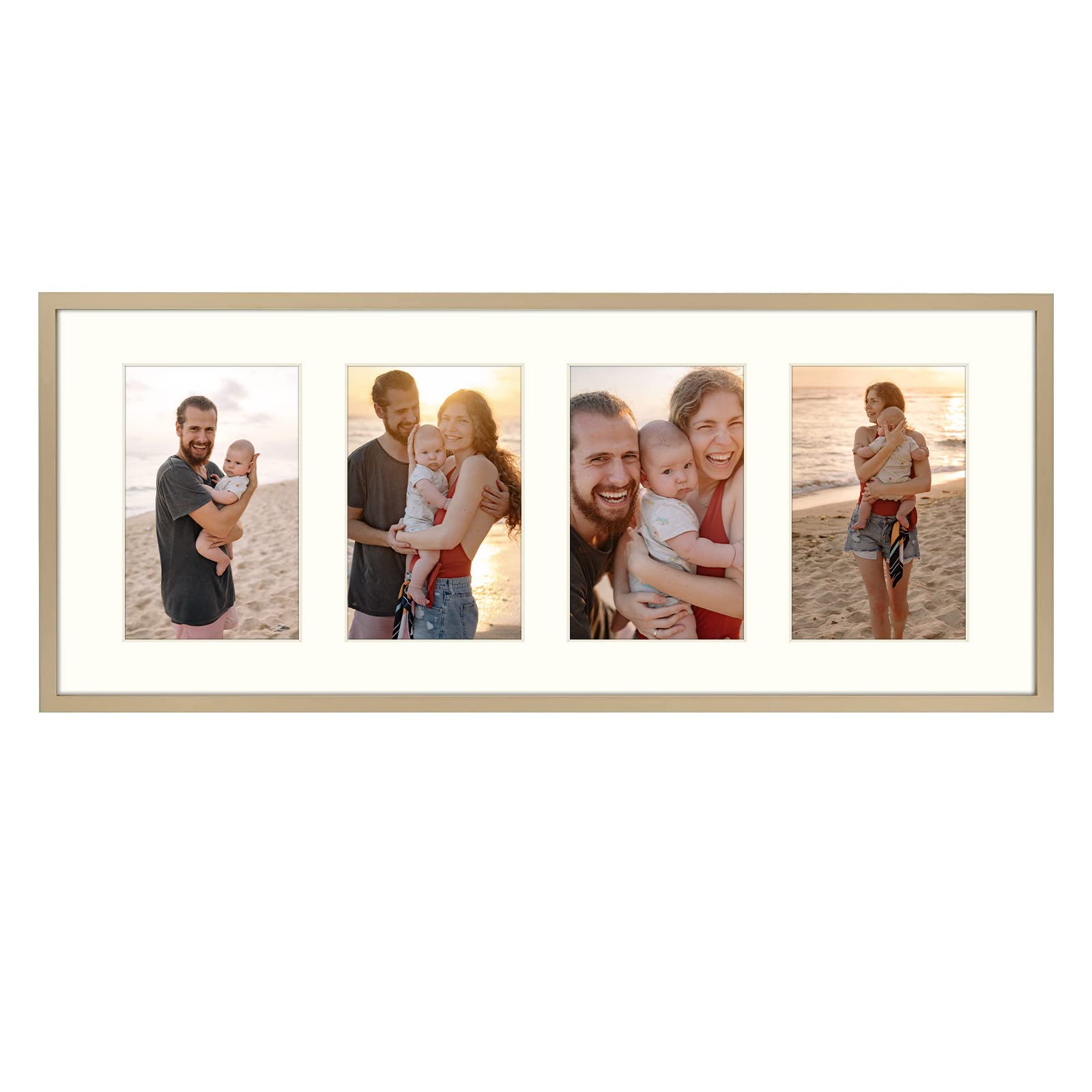 Golden State Art, 8x20 Gold Aluminum Collage Frame with Ivory Mat, Four Openning 4x6 Photos/Pictures -Swivel Tabs - Wall Mount -