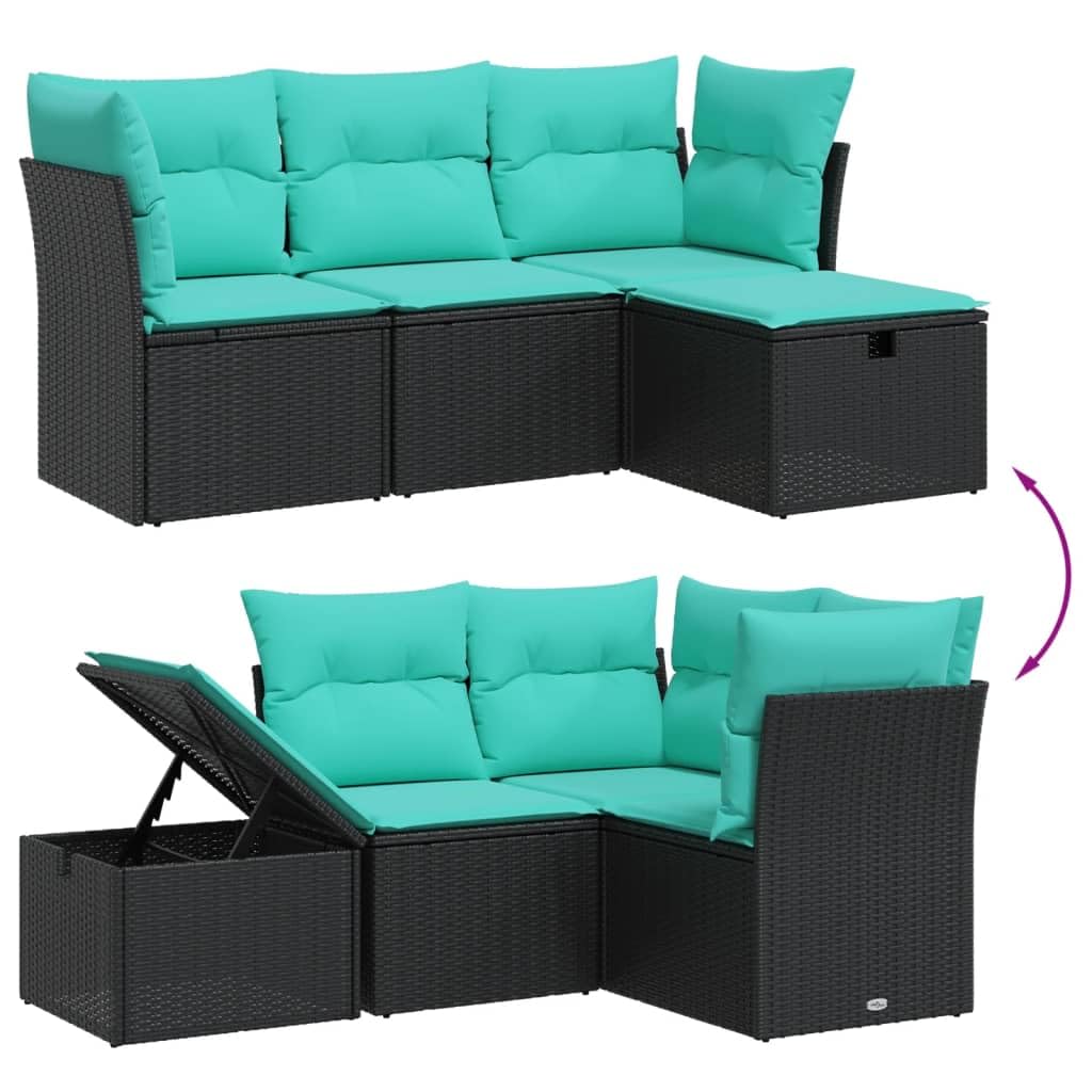 vidaXL Patio Sofa Set with Cushions - 5 Piece Black Poly Rattan Garden Furniture - Thumbnail 4