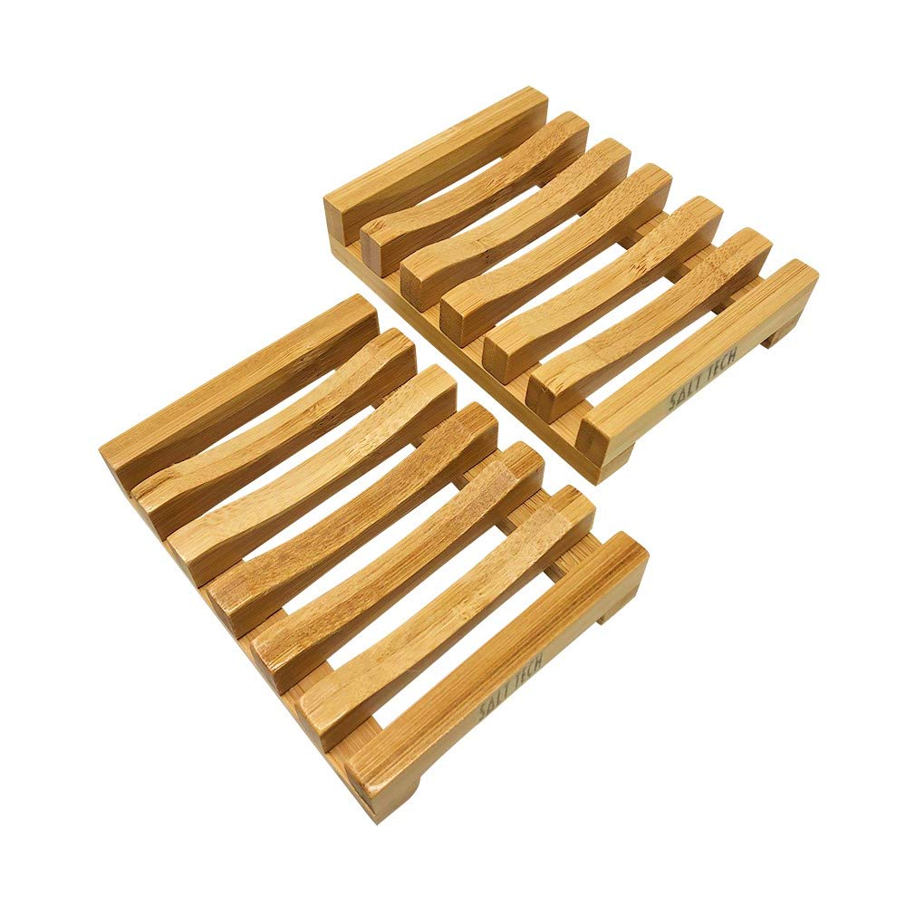 Salt Tech Bamboo Soap Dish, Soap Tray, Soap Holder, Soap Saver, Handcrafted for Bathroom Bathtub and Kitchen (2pc)