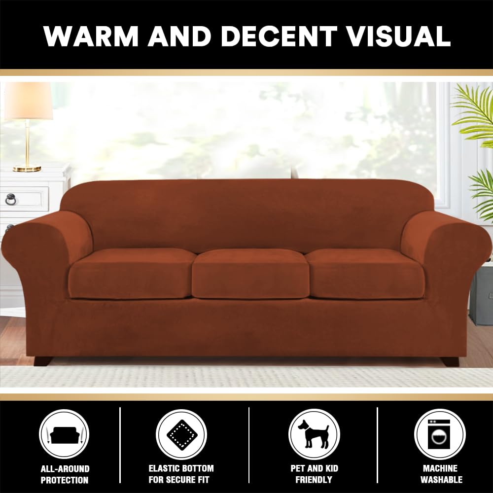 Princedeco 4 Pieces Couch Covers Extra Large Couch Covers For 3 Cushion Sofa Width Up To 105 Inch Thick Soft Furniture Slipcovers With 3 Individual Large Cushion Covers(X-Large, Rust)
