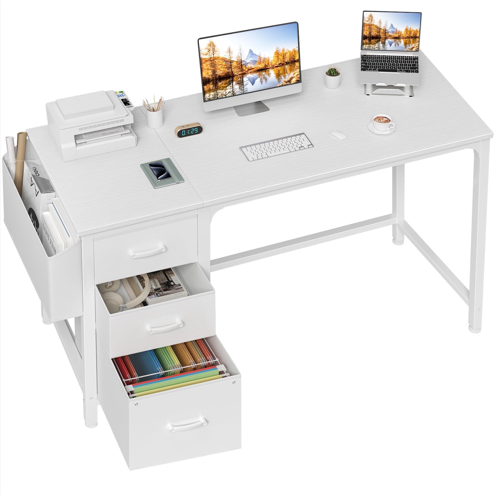 Lufeiya White Computer Desk with Fabric File Drawers Cabinet, 55 Inch Desks with Storage Filing Cabinet for Home Office, Modern 