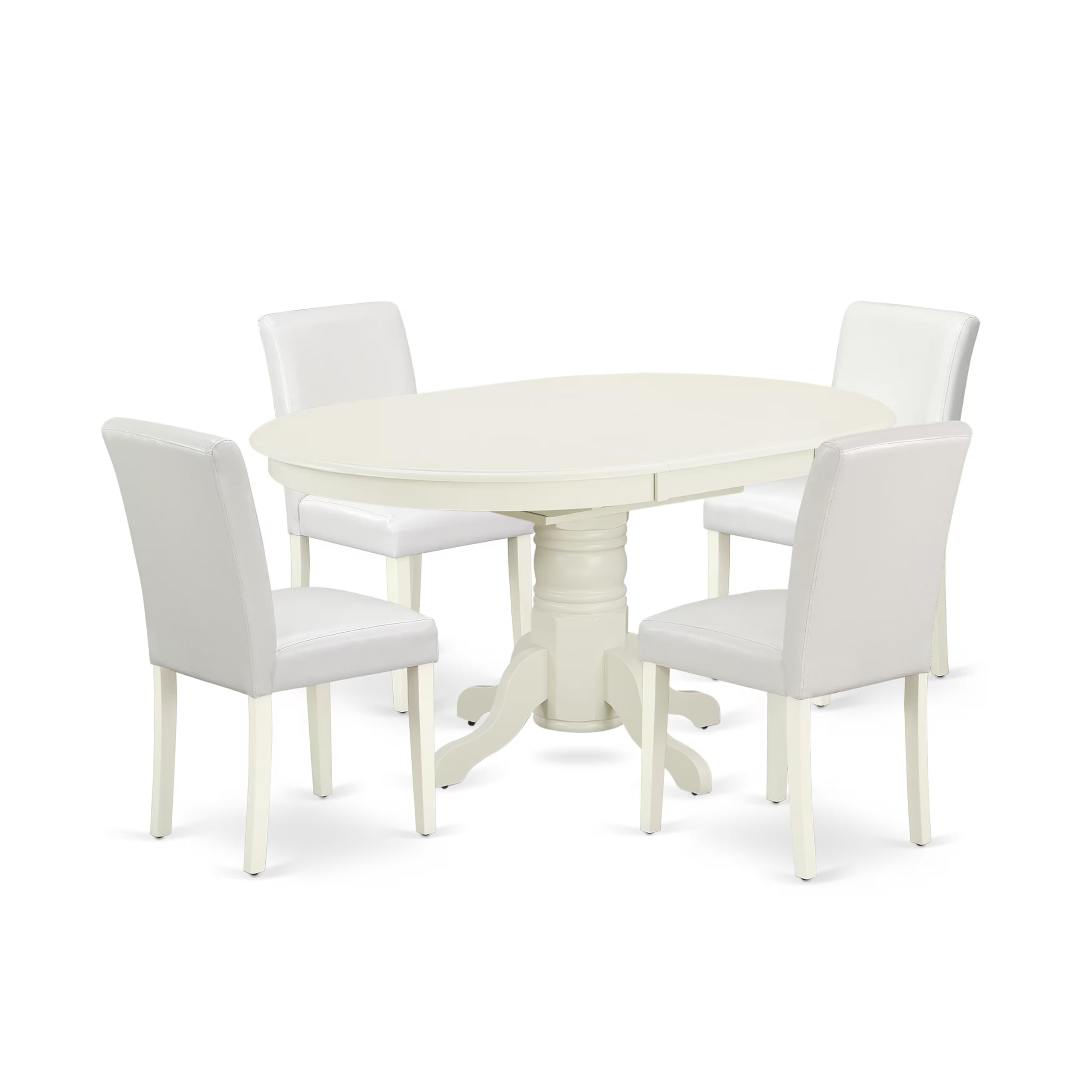 East West Furniture Avab5-Lwh-64 5 Piece Dining Room Table Set Includes An Oval Kitchen Table With Butterfly Leaf And 4 White Faux Leather Parson Dining Chairs, 42X60 Inch, Linen White