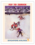 Fly to Zurich Switzerland - Skiing - Singapore Airlines - Vintage Airline Travel Poster by Seah Kim Joo c.1960s - Fine Art Matte
