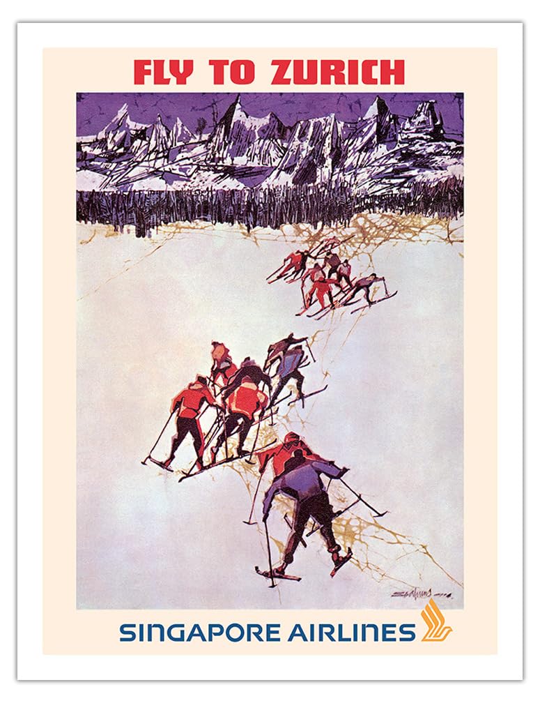 Fly to Zurich Switzerland - Skiing - Singapore Airlines - Vintage Airline Travel Poster by Seah Kim Joo c.1960s - Fine Art Matte
