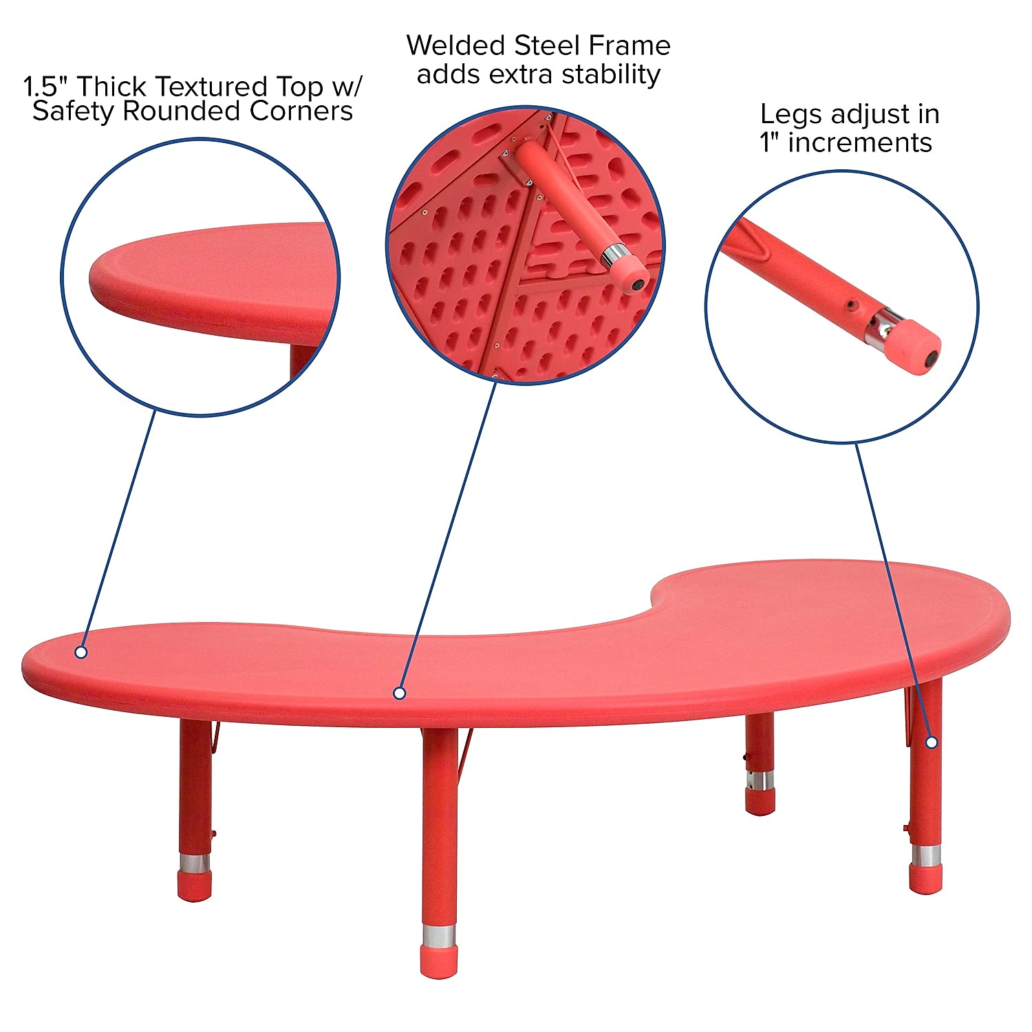Flash Furniture 35''W x 65''L Half-Moon Red Plastic Height Adjustable Activity Table