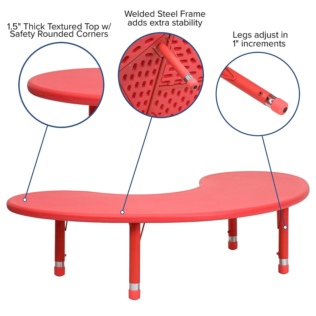 Flash Furniture 35''W x 65''L Half-Moon Red Plastic Height Adjustable Activity Table