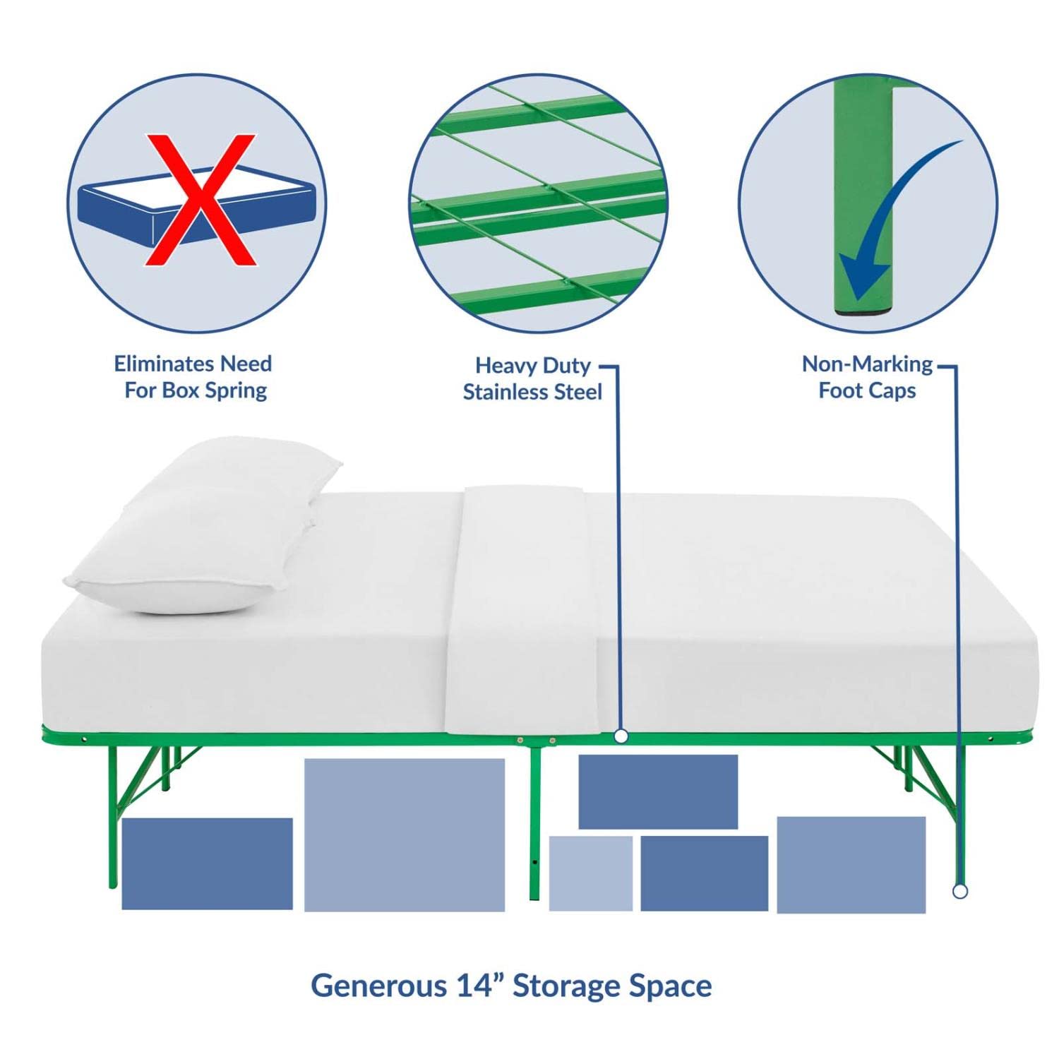 Modway Horizon Replaces Box Spring-Folding Metal Mattress Bed Frame, Full, Green