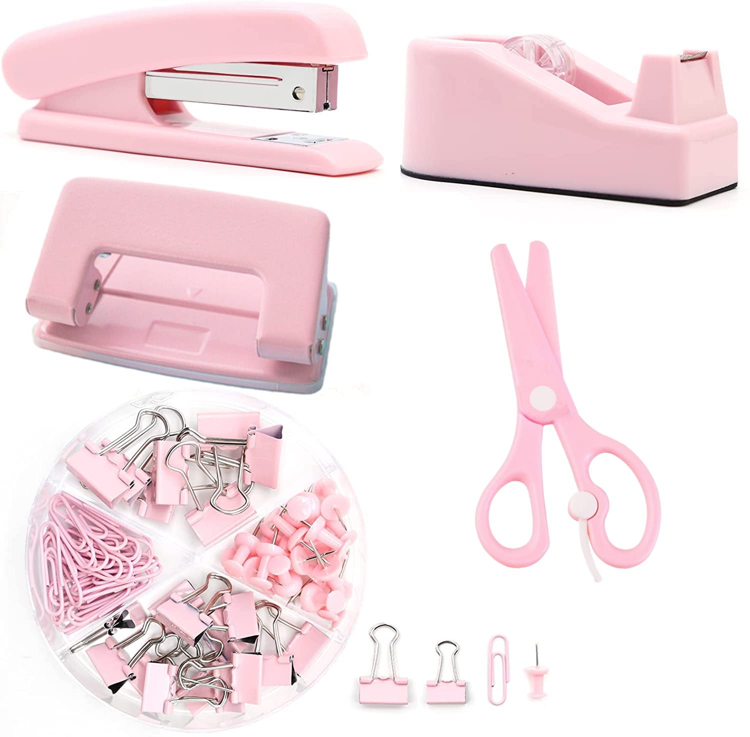 Office Supplies Set, Desk Accessories,Staple, Tape Holder, 2-Hole Punch,Scissor, Binder Clips, Paper Clips For Office Clerks Stu