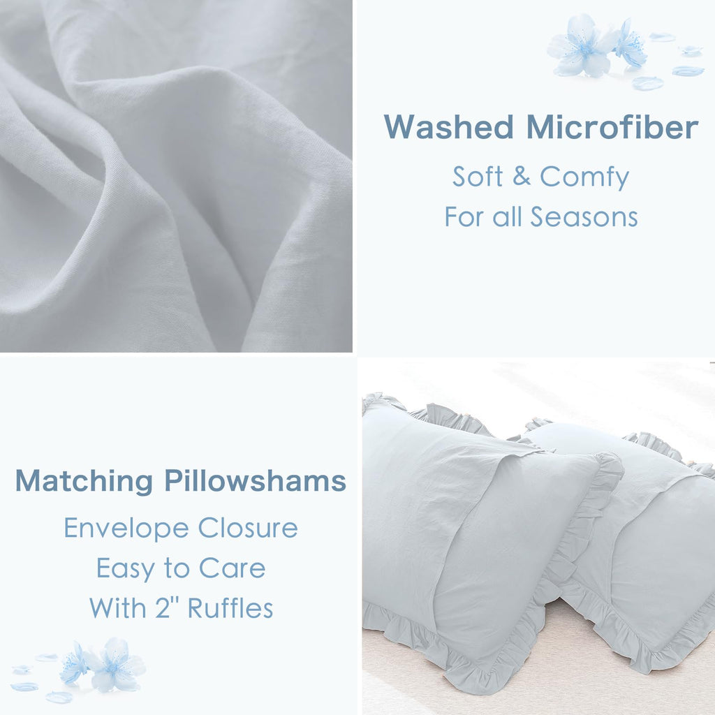 Masaca Ruffled Comforter Set For Queen Bed,3 Pieces Vintage Farmhouse Shabby Bedding Set Lightweight Ultra Soft French Country B