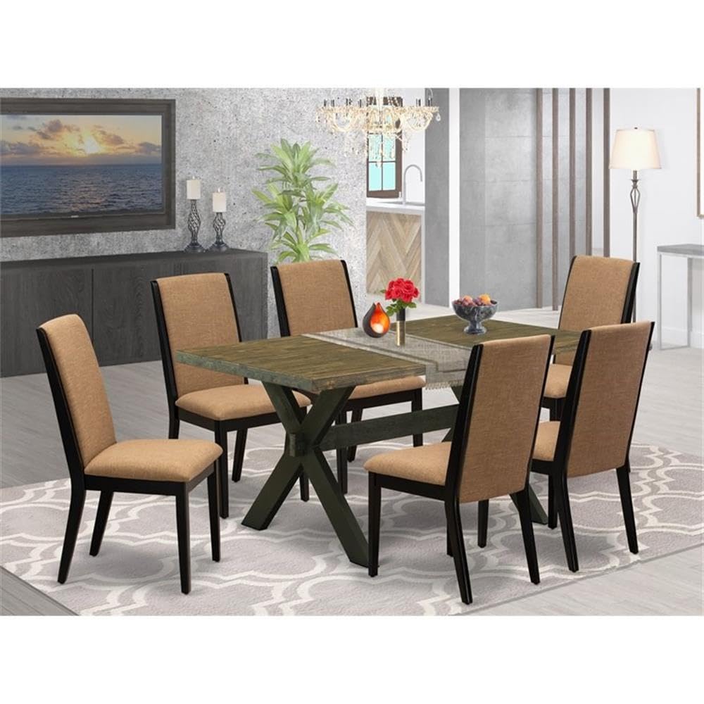 East West Furniture X676La147-7 7 Piece Dining Set Consist Of A Rectangle Dining Room Table With X-Legs And 6 Light Sable Linen Fabric Upholstered Parson Chairs, 36X60 Inch, Multi-Color