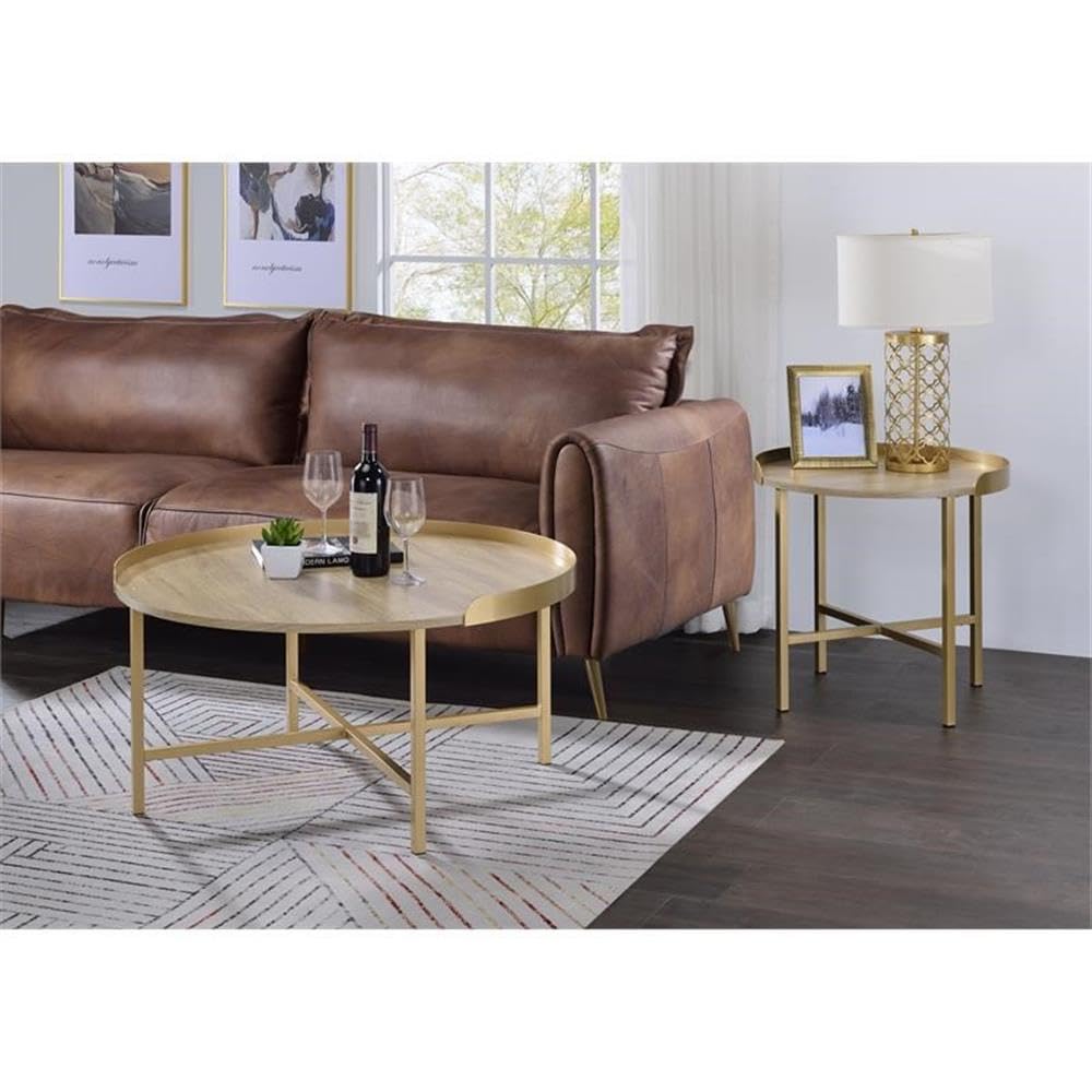 Acme Mithea Round Wooden Top End Table with Cross Bar Base in Oak and Gold