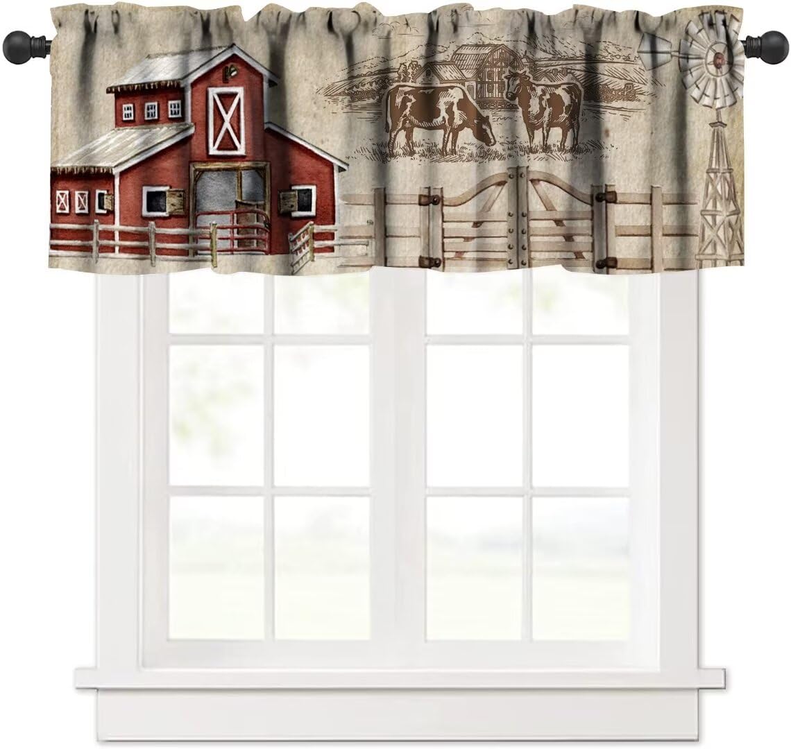 Janjcurt Rustic Farm Kitchen Valance, Vintage Western Farmhouse Country Cow Retro Red Barn Windmill Window Treatment Valance For