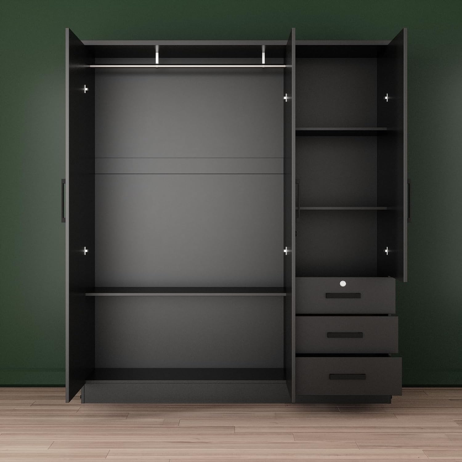 Jumbo 61" Wardrobe Large Mirror Door Closet 3 Doors and 3 Drawers Built for Storage