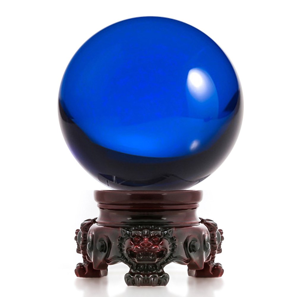 Amlong Crystal 3 inch (80mm) Blue Crystal Ball with Redwood Lion Resin Stand and Gift Box for Decorative Ball, Lensball Photogra