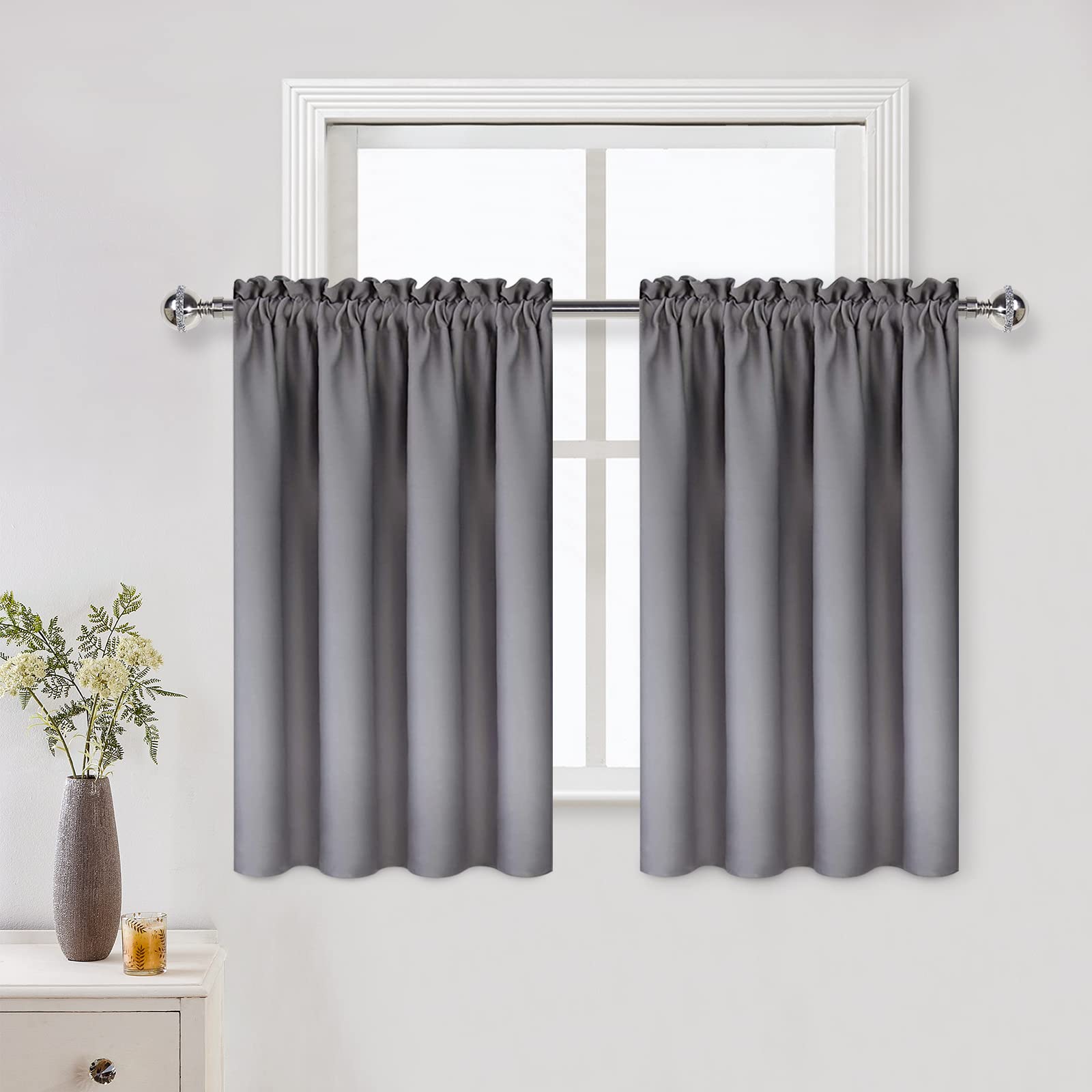 Dwcn Short Grey Blackout Curtains For Small Window, Thermal Insulated Energy Saving Room Darkening Curtains For Kitchen/Bedroom