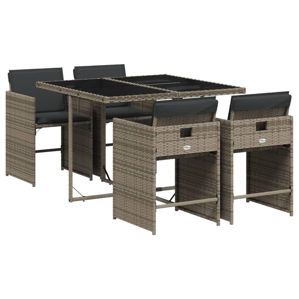 vidaXL Patio Dining Set - 5 Piece Gray PE Rattan Set with Cushions, Foldable Chairs, Compact Storage for Garden, Deck, Backyard