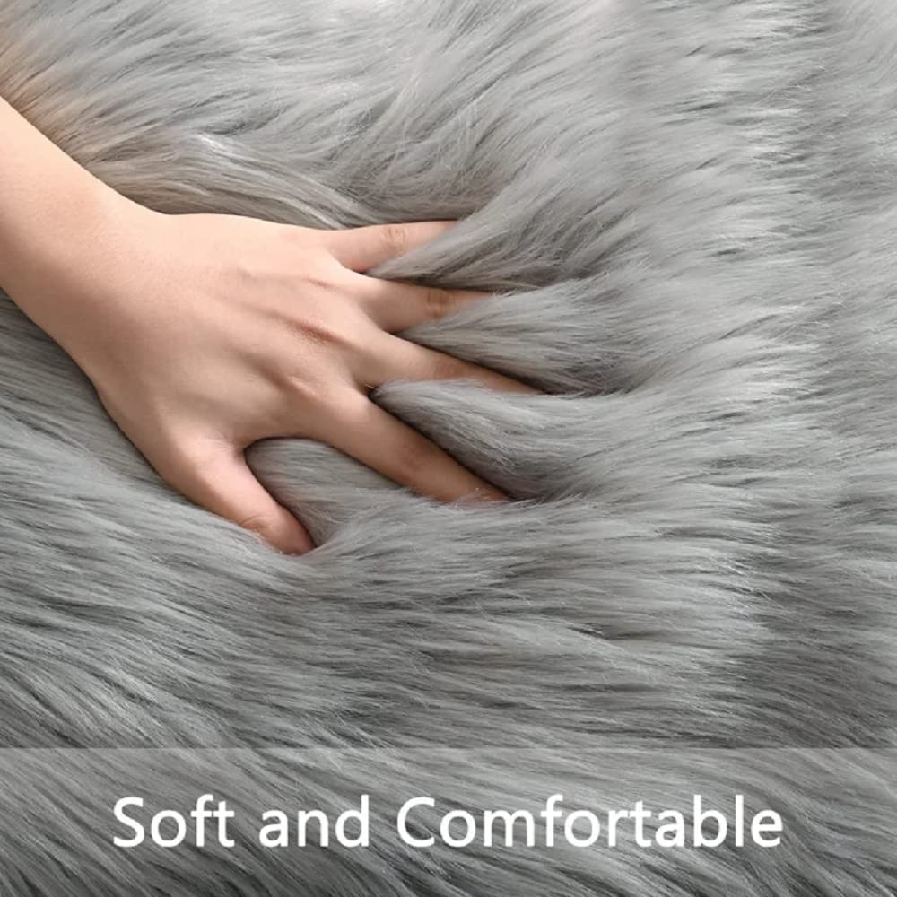 Orinova Silver Grey Washable Shaggy Round Rugs 6.6Ft Large Faux Sheepskin Fur Rugs For Living Room Bedroom Circle Nursery Rug