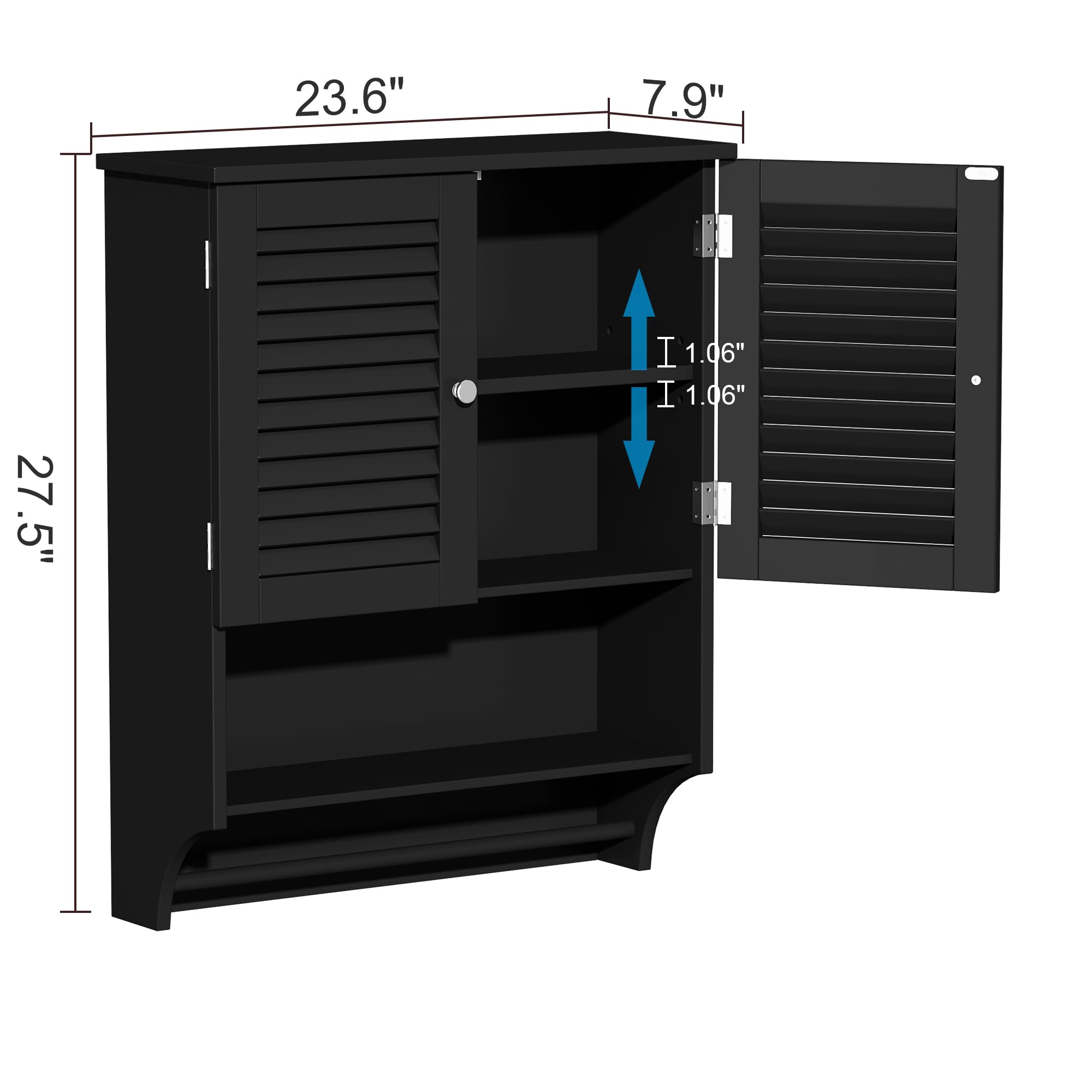 Choochoo Bathroom Wall Cabinet With Towels Bar, 23.6' L X7.9 W X27.5 H Mdf Material Medicine Cabinet, 2 Doors Over The Toilet Space Saver Storage Cabinet With Large Space, Black