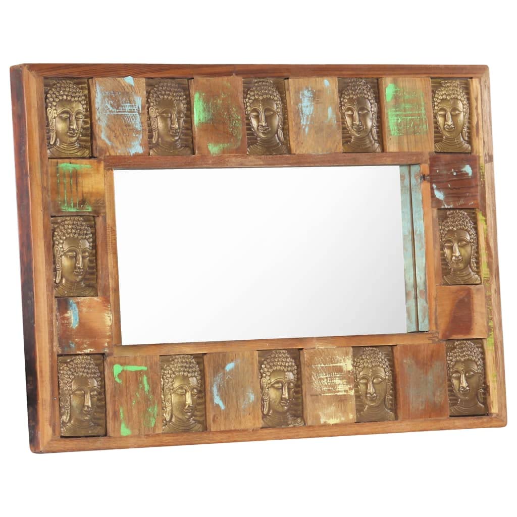 vidaXL Wooden Mirror with Buddha Cladding, 31.5&quot;x19.7&quot;, Solid Reclaimed Wood, Handmade Rectangular Wall-Mounted Mirror, Unique Decorative Art Piece for Living Room, Bedroom or Hallway.