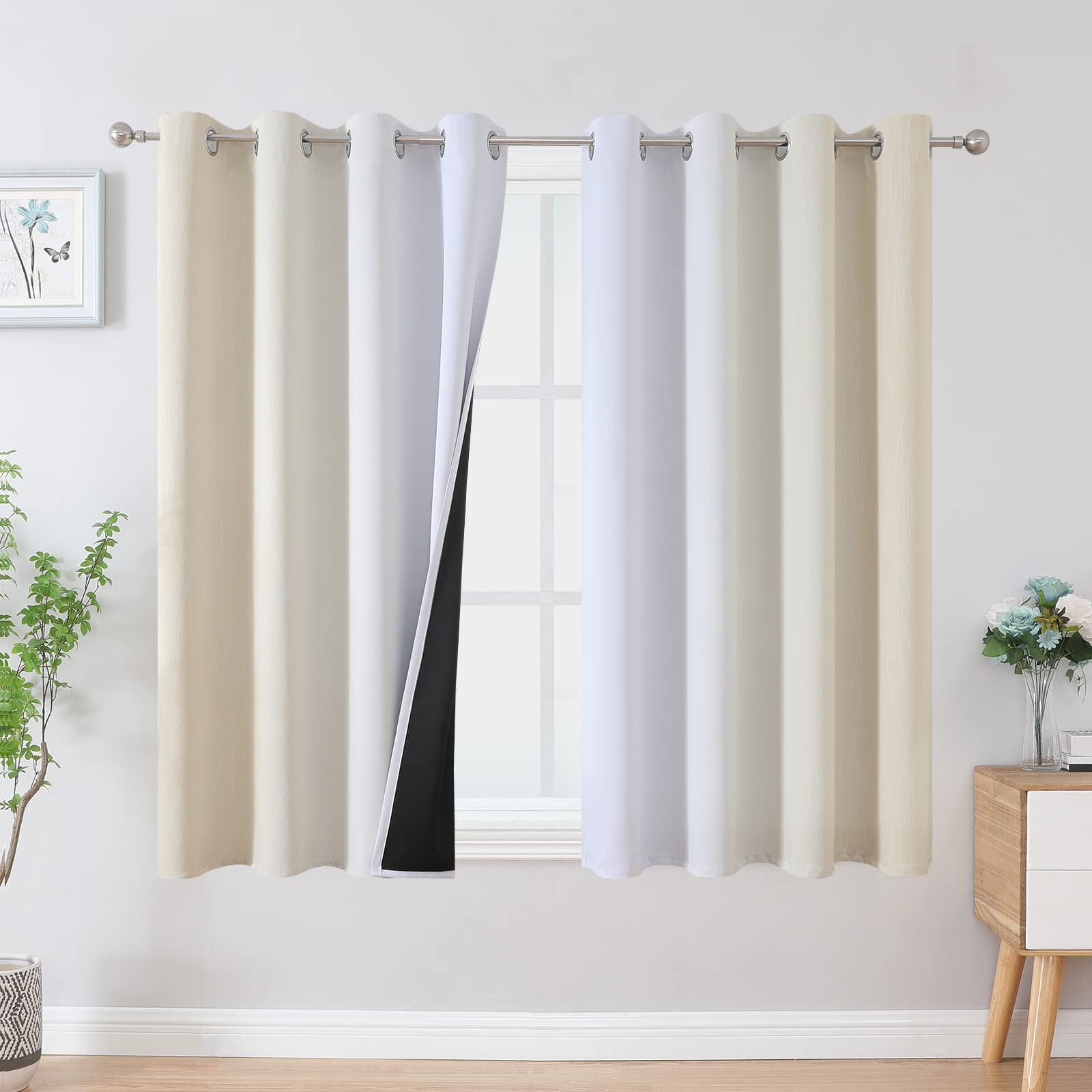 Estelar Textiler Beige And Grayish White Blackout Curtains & Drapes For Bedroom, Thermal Insulated Ombre Blackout Drapes, Full R