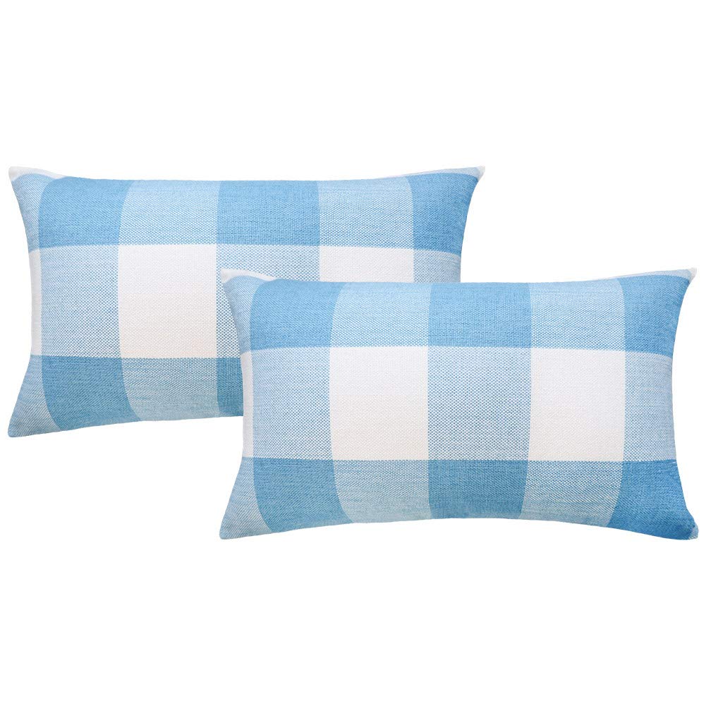 4Th Emotion Set Of 2 Farmhouse Buffalo Check Plaid Throw Pillow Covers Cushion Case Polyester Linen For Summer Home Decor Sky Bl