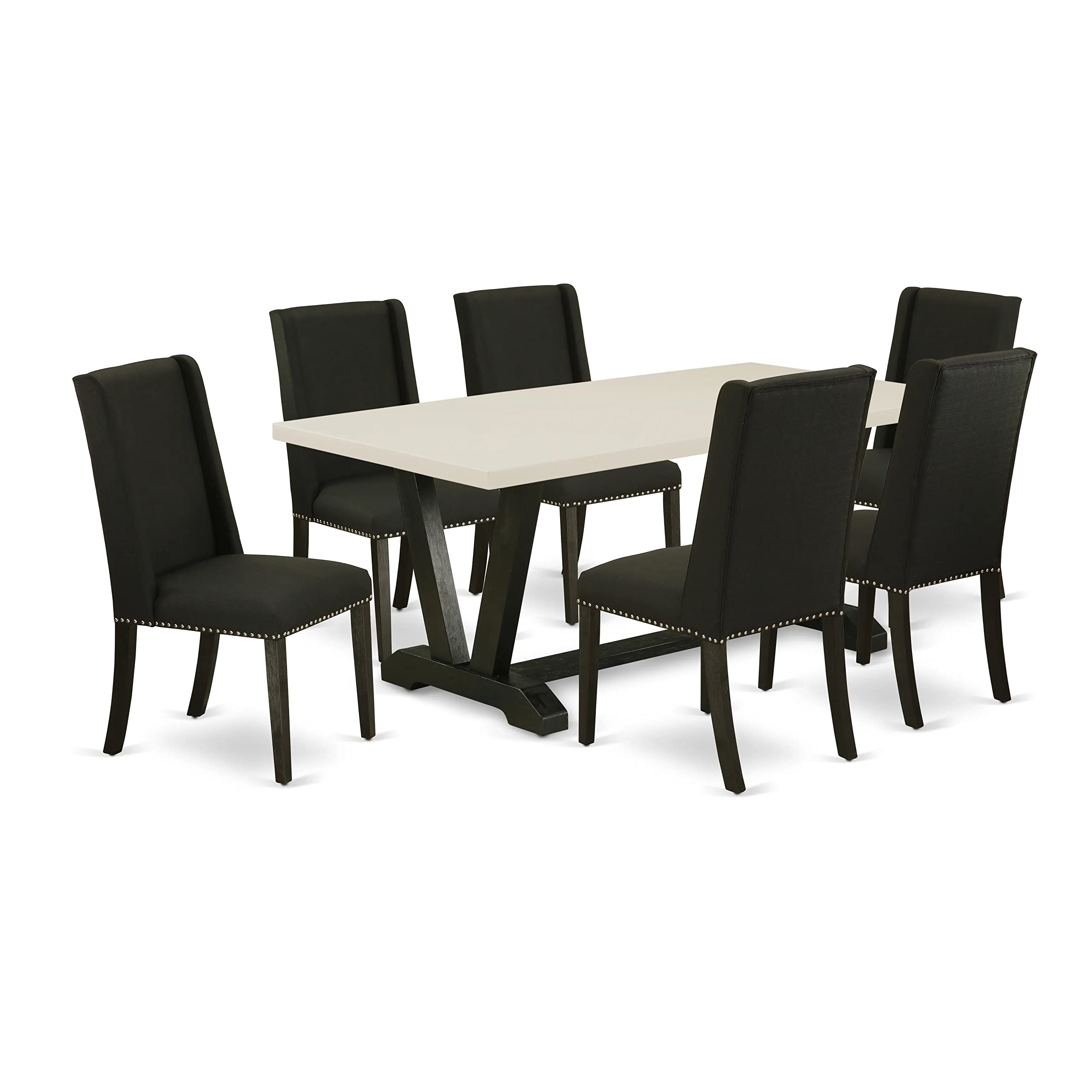 East West Furniture V-Style 7 Piece Modern Set Consist Of A Rectangle Wooden Table With V-Legs And 6 Black Linen Fabric Parson Dining Chairs, 36X60 Inch, V626Fl624-7