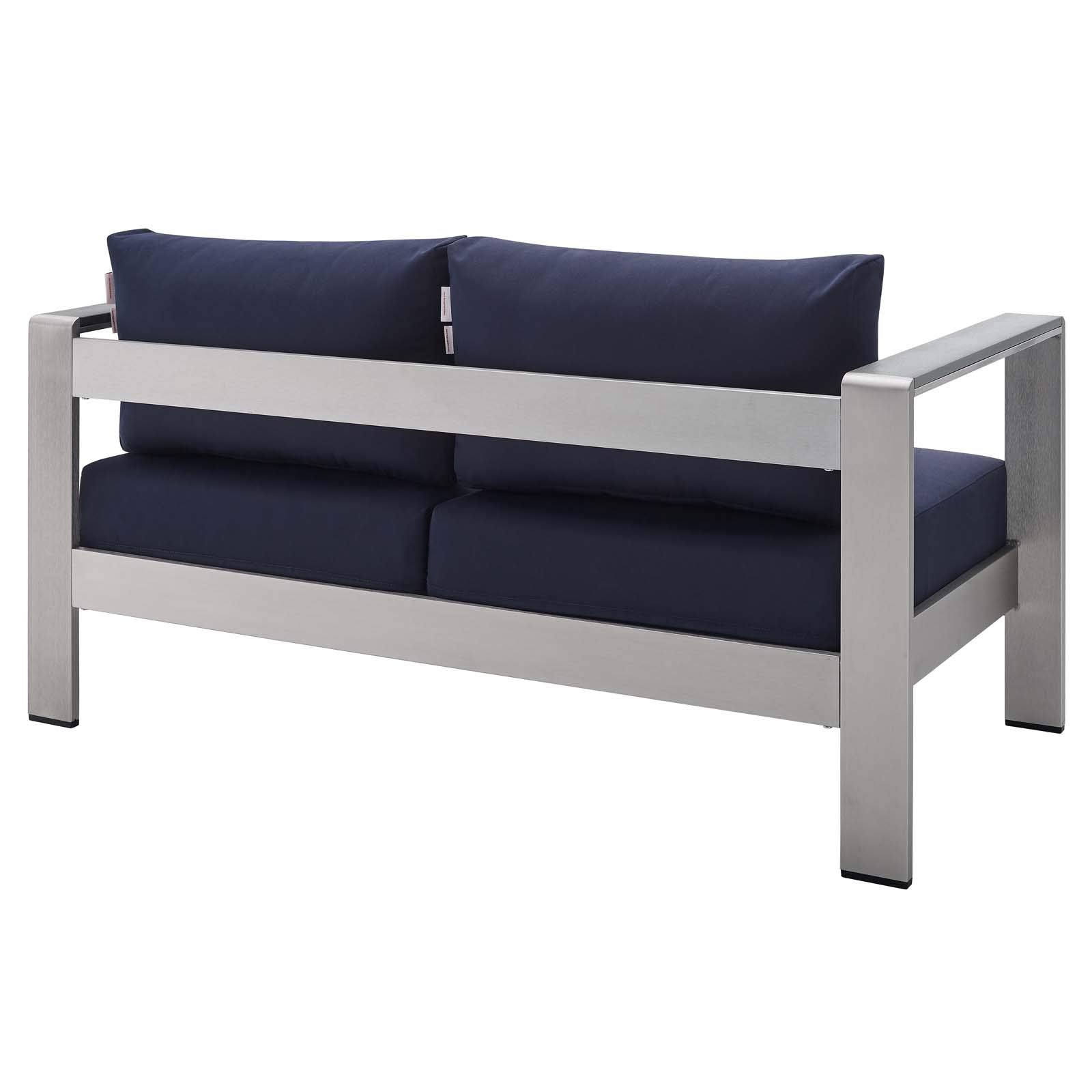 Modway Shore Sunbrella® Fabric Aluminum Outdoor Patio Loveseat In Silver Navy