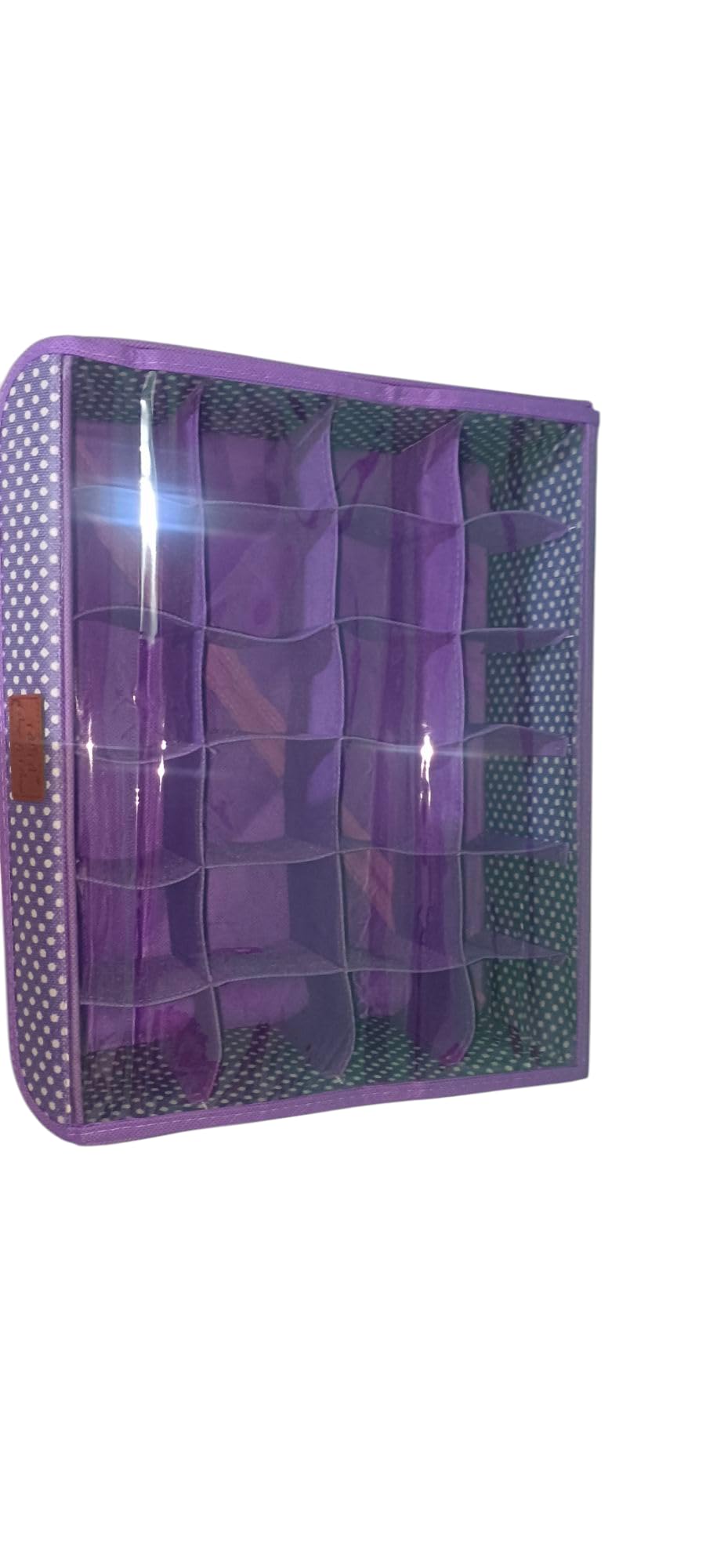 Drawer Organizer With 24 Compartments For Clothes Like Socks, Purple Polka Dot Pattern, Foldable Storage Box With Cover
