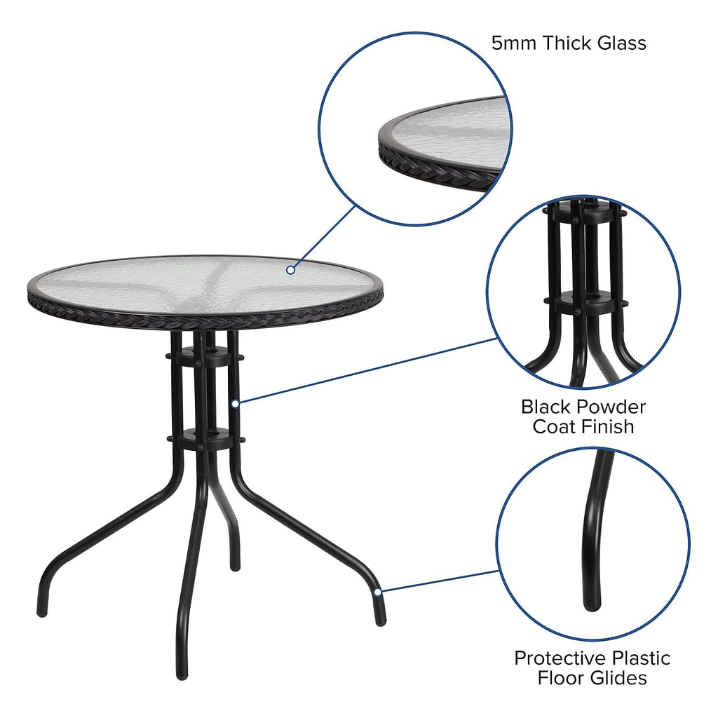 Flash Furniture Barker 28'' Round Tempered Glass Metal Table With Black Rattan Edging