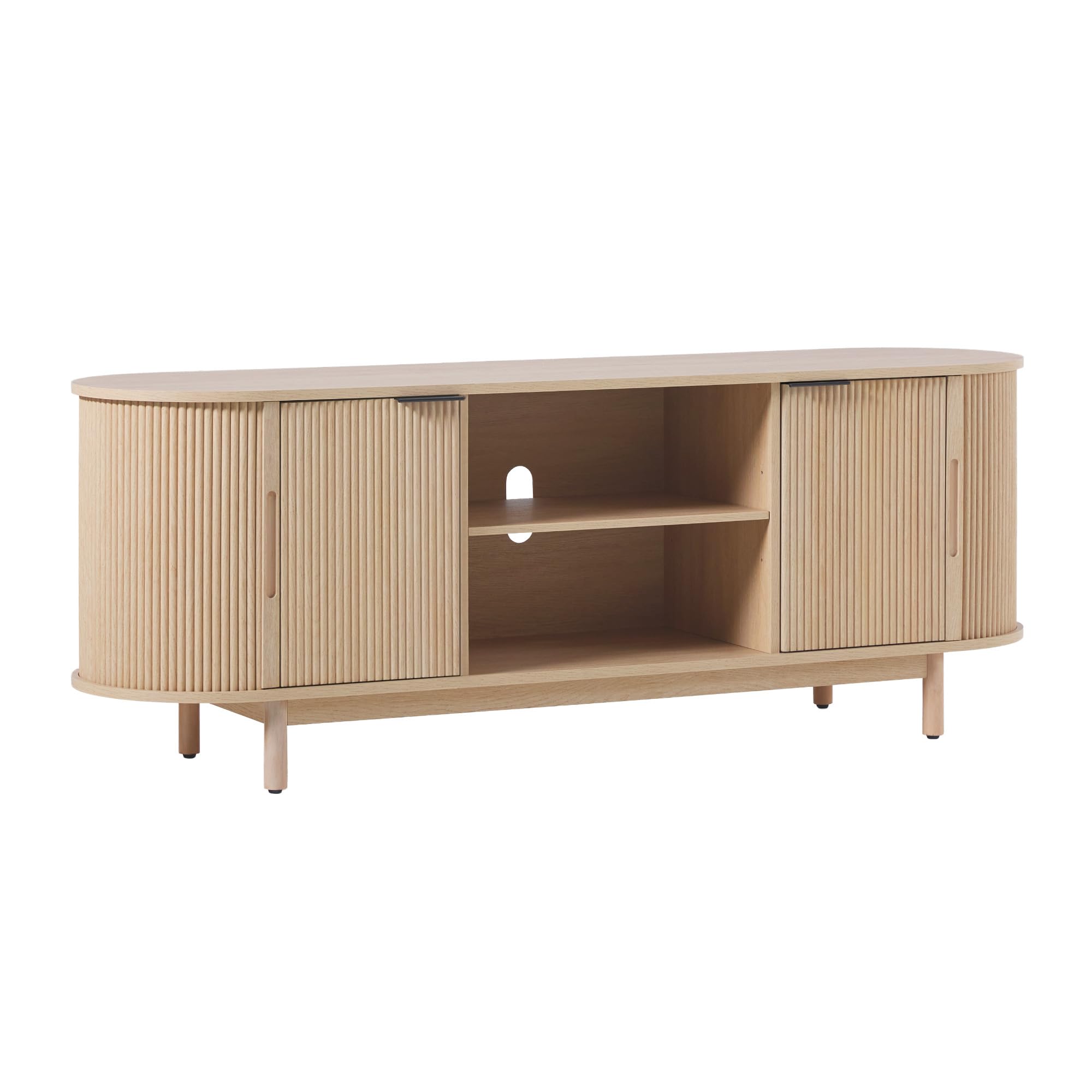 Walker Edison Modern Curved Reeded Tv Stand For Tvs Up To 65 Inches, Credenza With Sliding Doors And Adjustable Shelves, Tv Stand With Cord Management Cutout, 60 Inch, Coastal Oak
