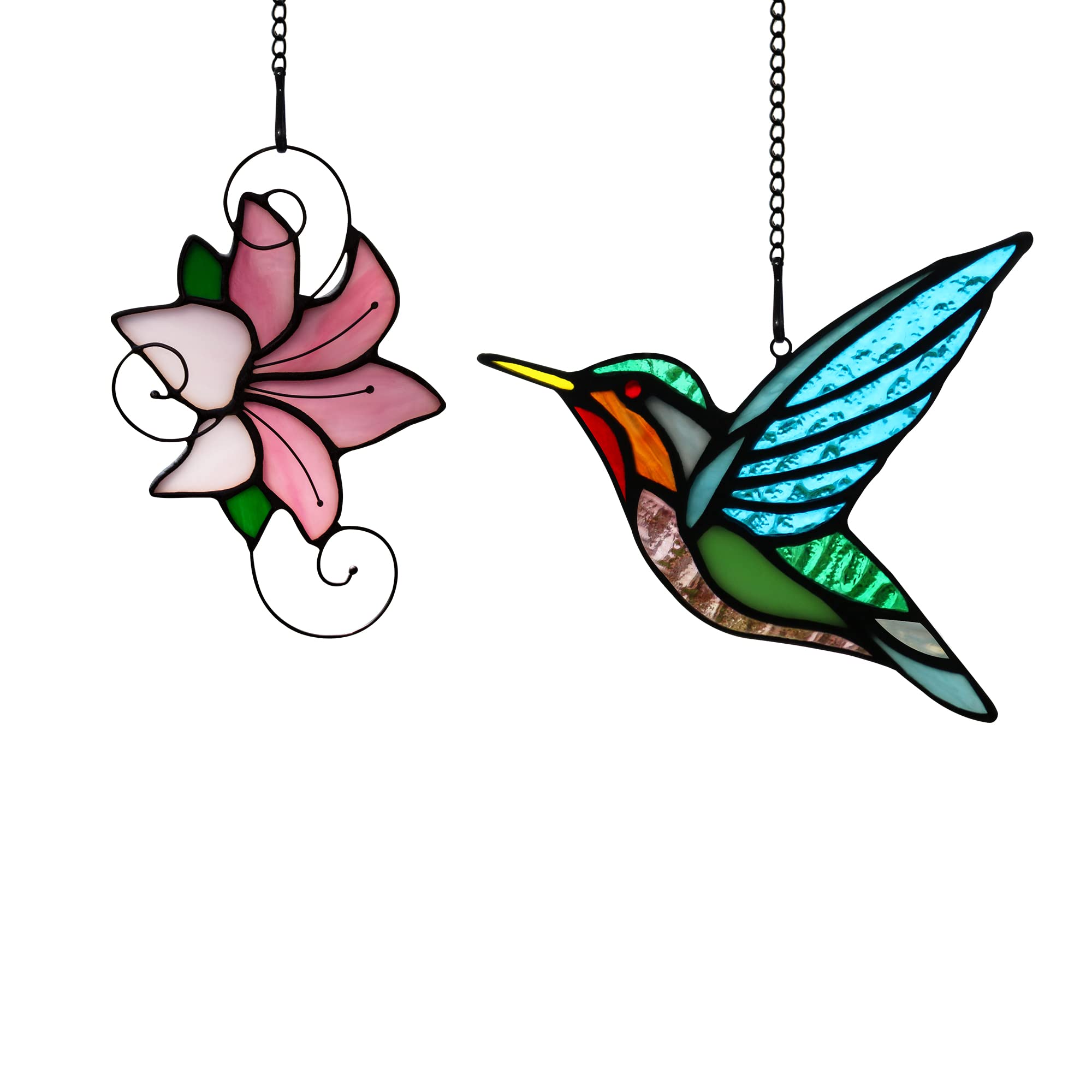 Haosum Hummingbird With Lily Flower Stained Glass Window Hangings, Hummingbird Decorations Suncatcher For Window, Handmade Stain
