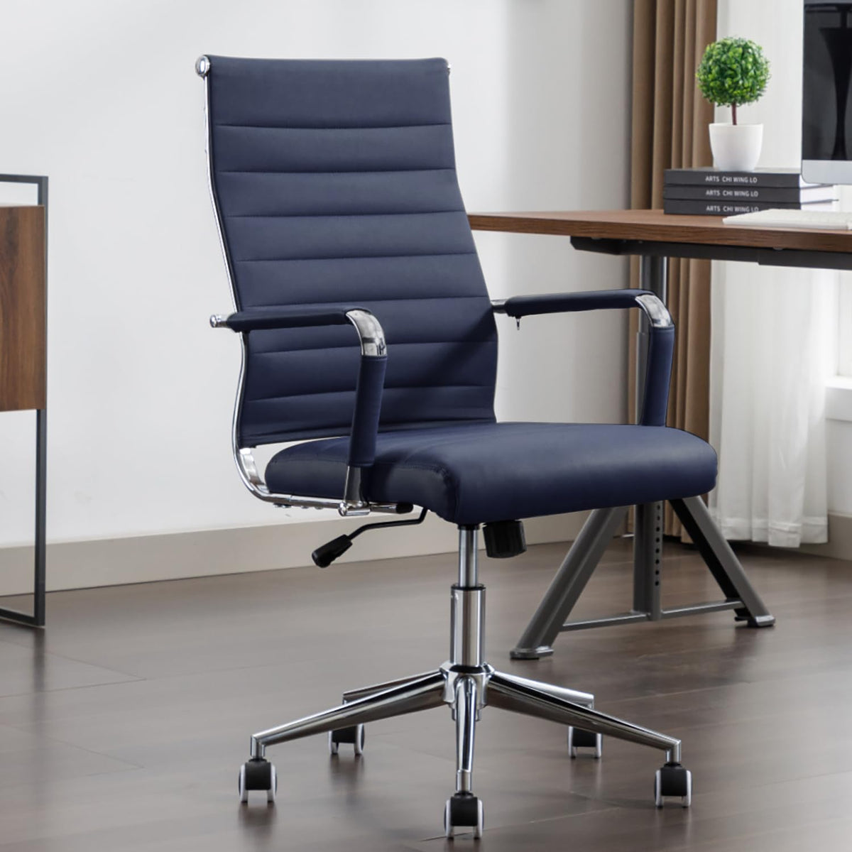 Boiskom Office Desk Chair Leather, Conference Room Chairs With Wheels, Executive Modern Ergonomic Ribbed Computer Chair(Navy Blu