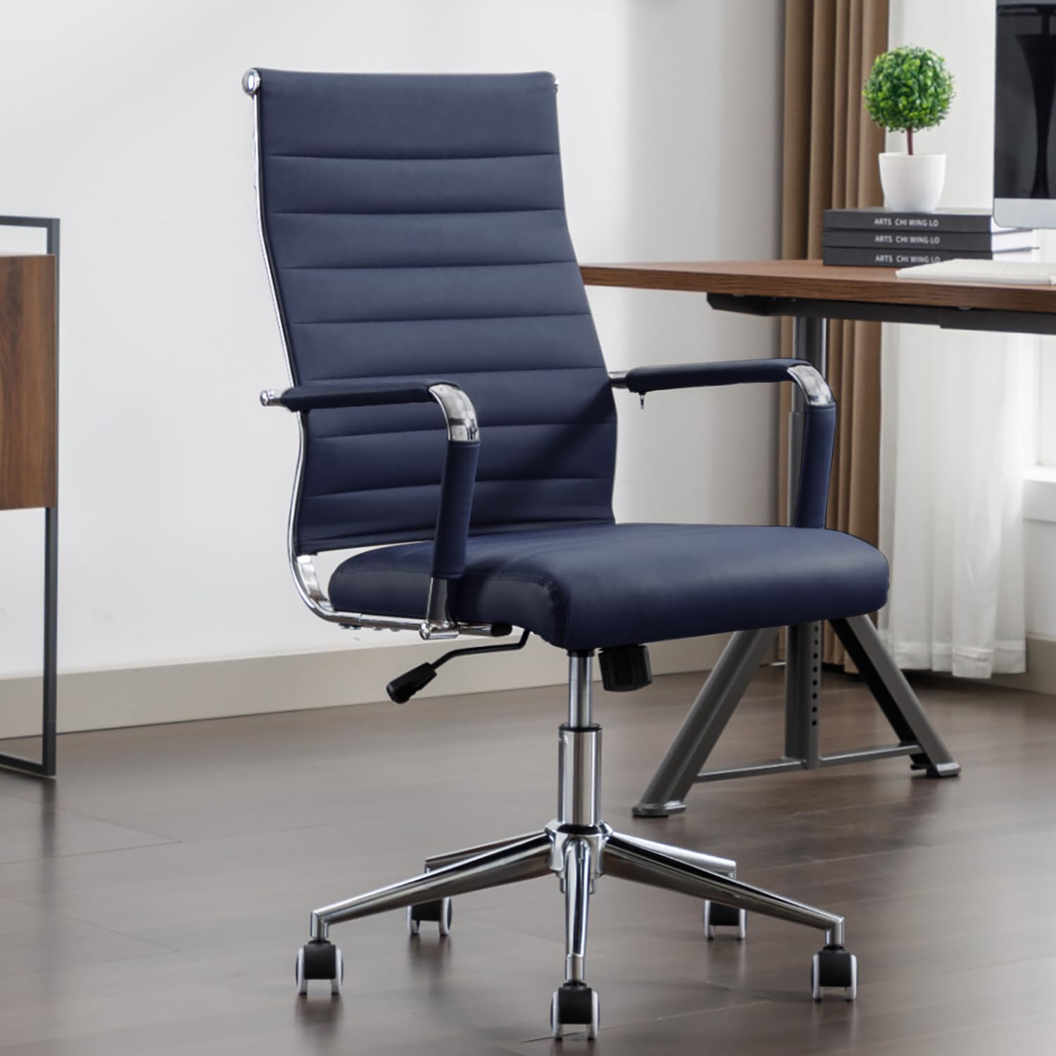 Boiskom Office Desk Chair Leather, Conference Room Chairs With Wheels, Executive Modern Ergonomic Ribbed Computer Chair(Navy Blu
