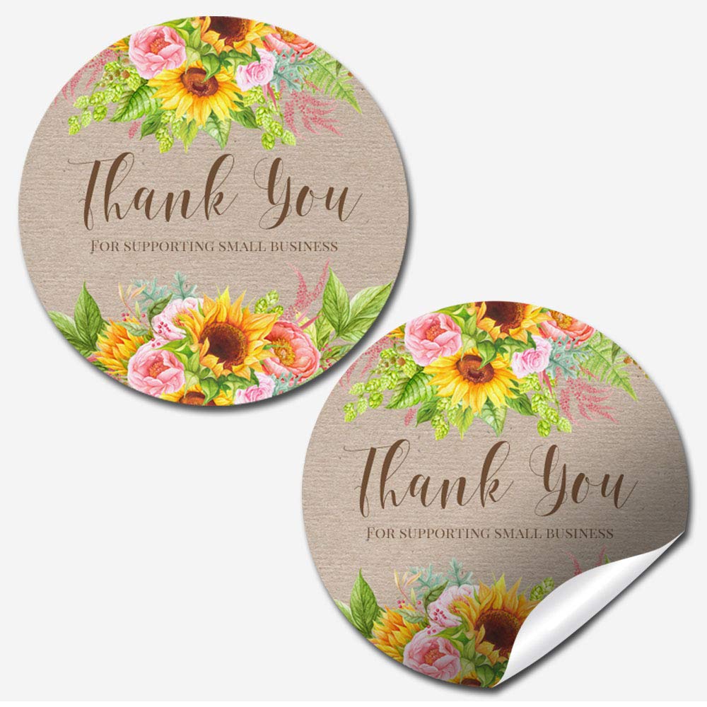 Sunflower And Peony Thank You Customer Appreciation Sticker Labels For Small Businesses, 60 1.5 ' Circle Stickers By Amandacrea