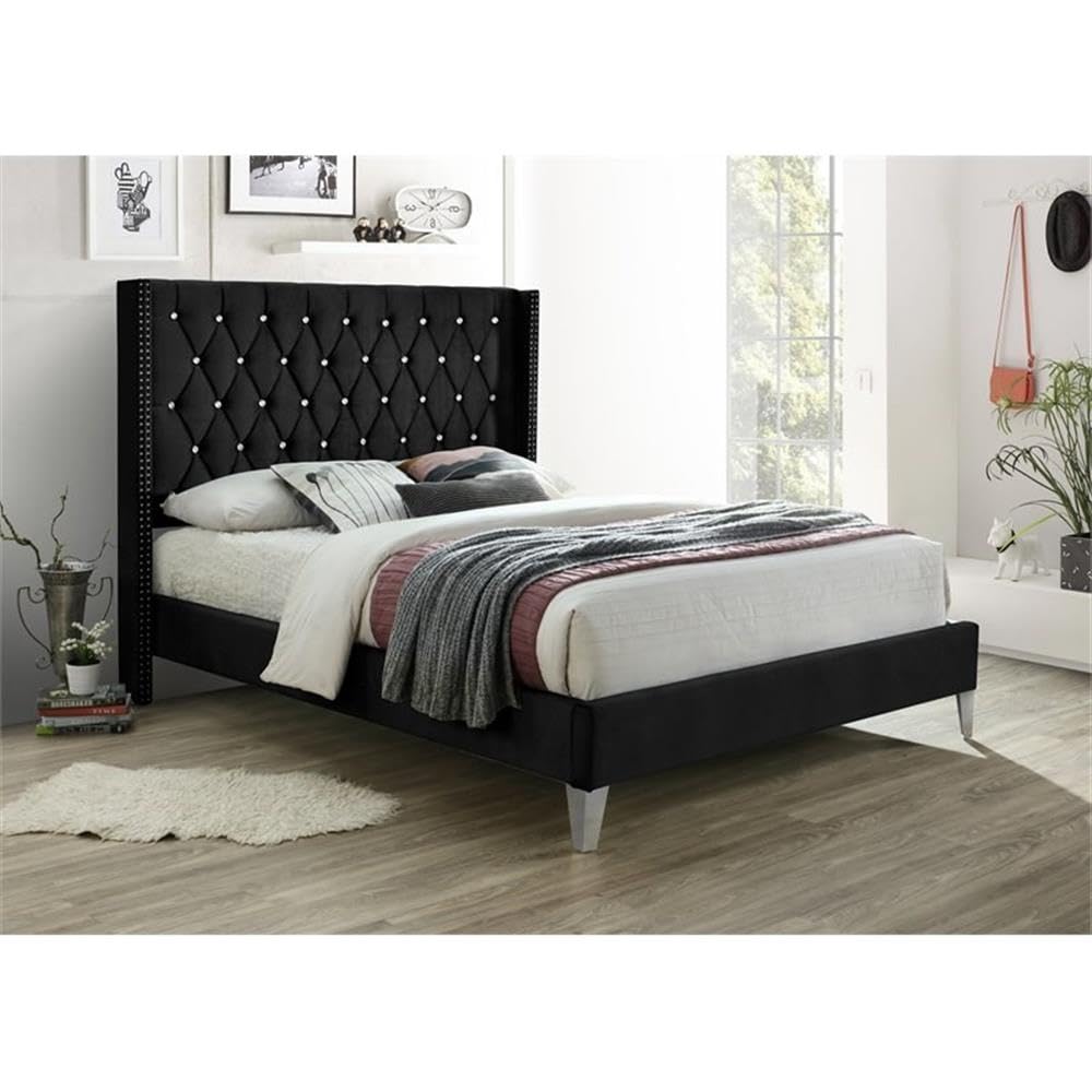 Better Home Products Alexa Velvet Upholstered Full Platform Bed in Black