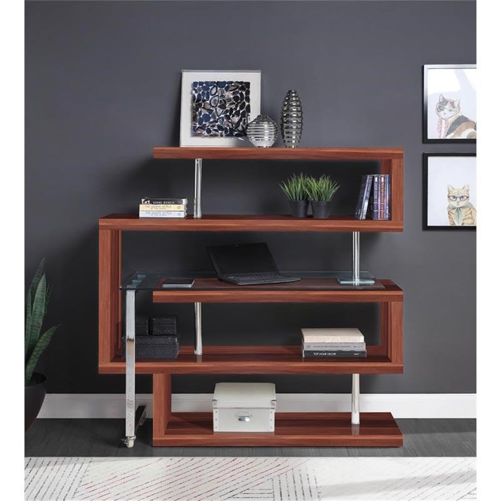 Acme Buck II Glass Top Writing Desk in Chrome and Walnut High Gloss