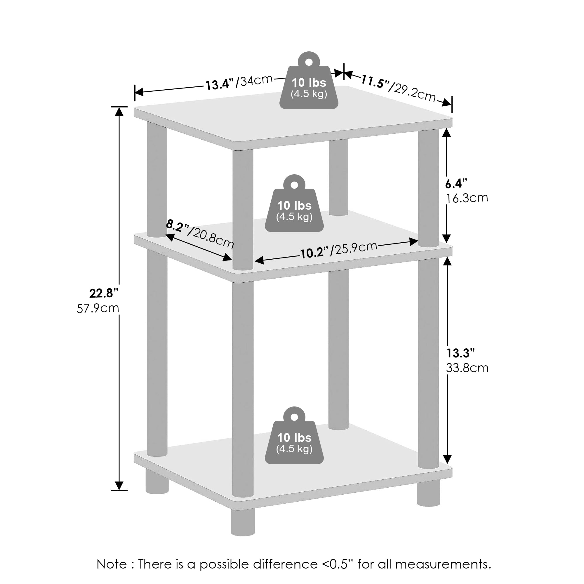 Furinno Just 3-Tier Turn-N-Tube Open Storage Nightstand, 2-Pack, Plastic Poles, White Oak/Stainless Steel