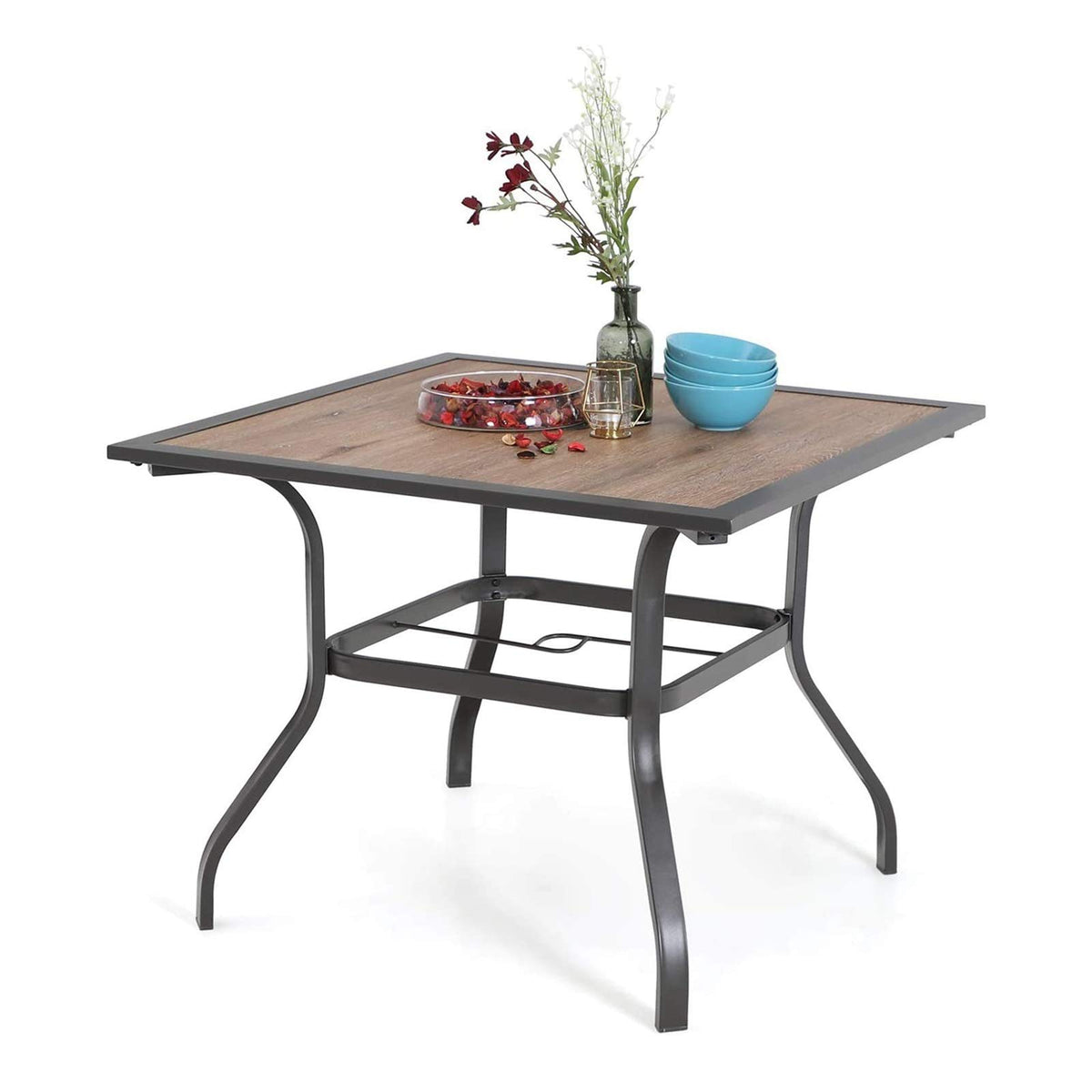 Mfstudio 37' Square Backyard Bistro Table Patio Dining Table Outdoor Furniture Garden Table, Imitation Of Wooden Surface Top, 1.57?Umbrella Hole, Gray Frame