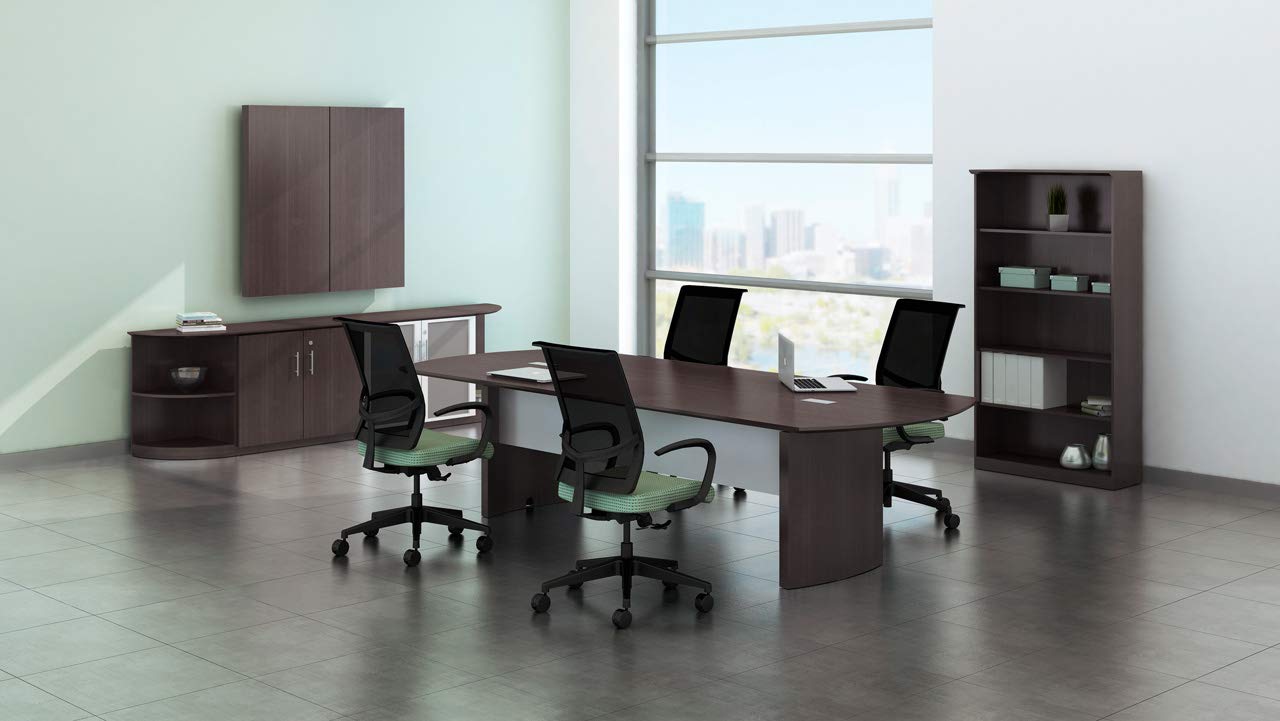 Safco Medina 14' Conference Table with Moucha Finish, Rounded Ends and Beveled Edges, Silver Detailing, Grommet Holes, 250 lbs Capacity.