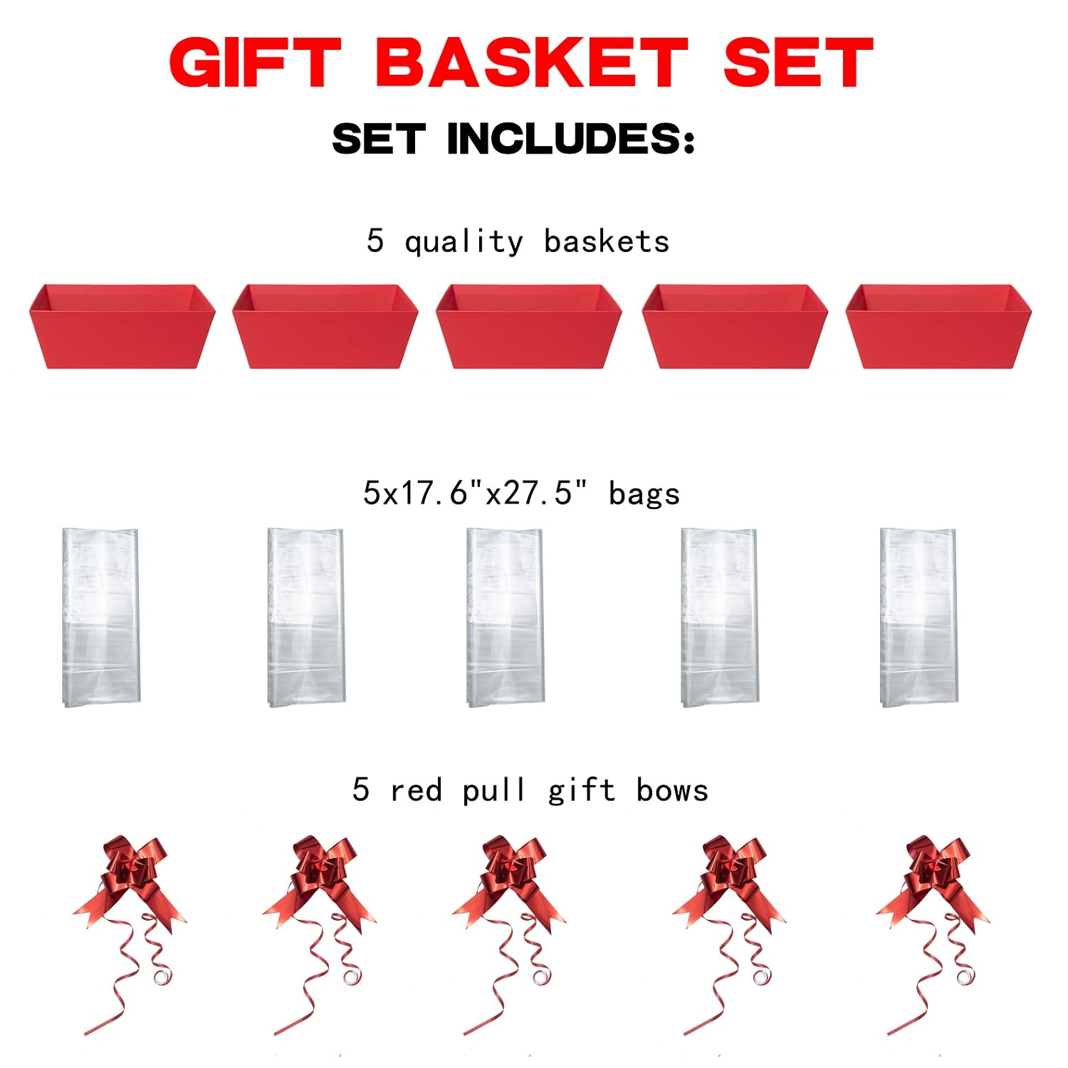 Basket For Gifts Empty, 5 Pack Sturdy Empty Gift Basket Kit With Handles, Red Cardboard Empty Gift Baskets To Fill Bulk For Holi